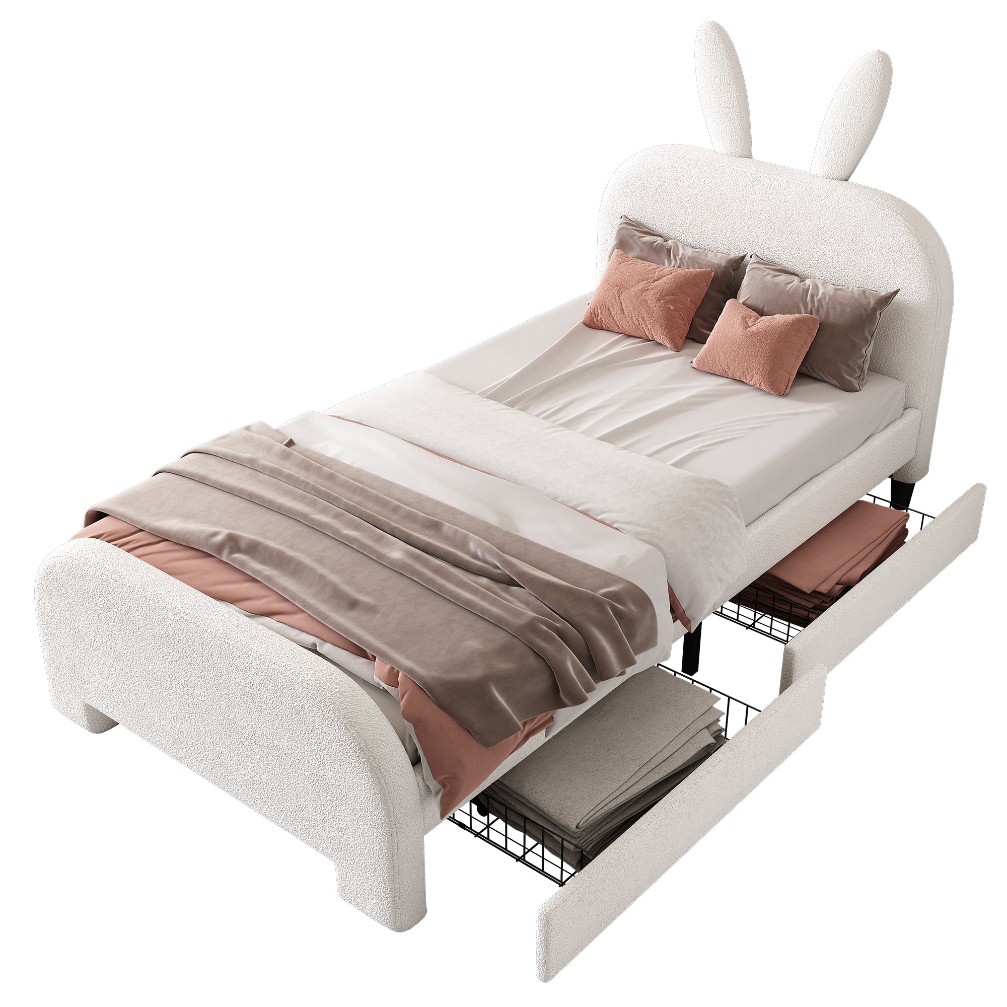 Flat Bed 90x200cm Padded Rabbit Shape 2 Drawers - White