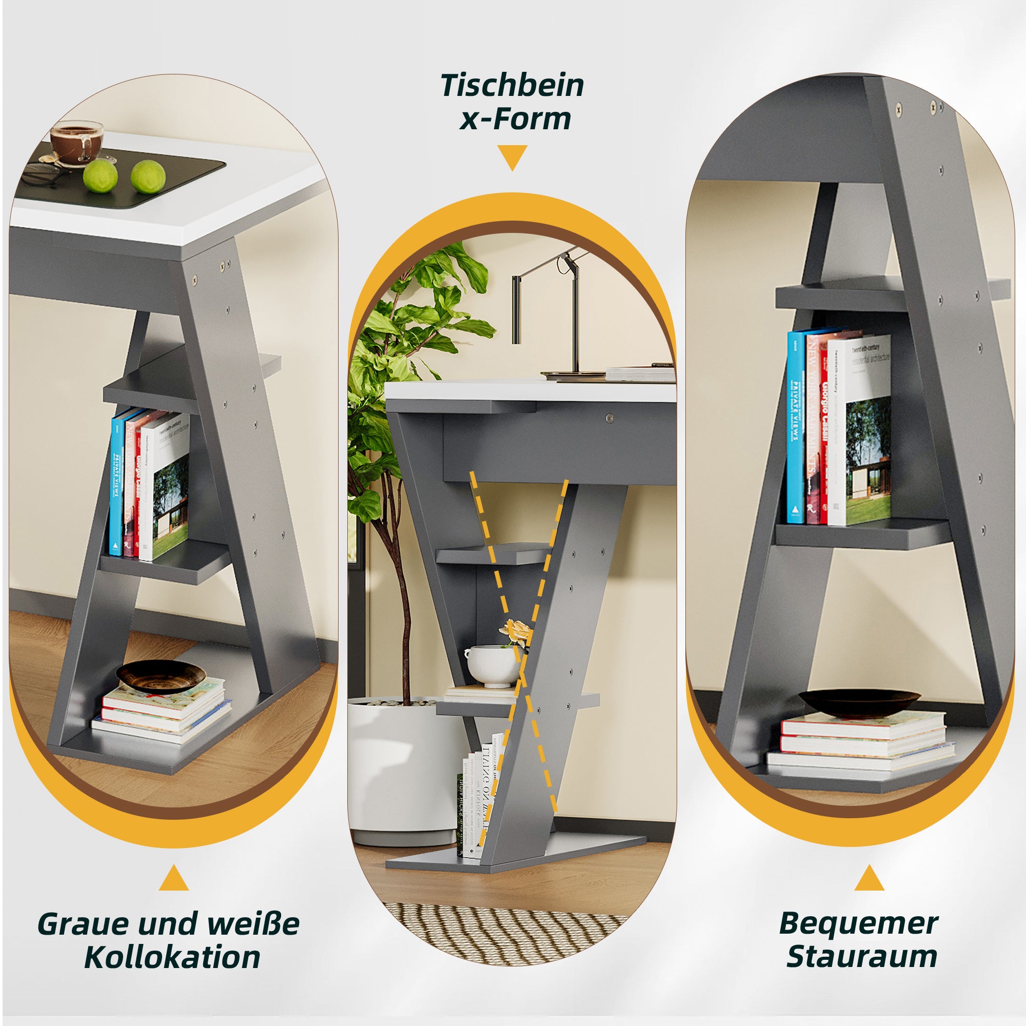 Simple Desk with X-Shaped Bracket and Storage Shelf, Grey and White