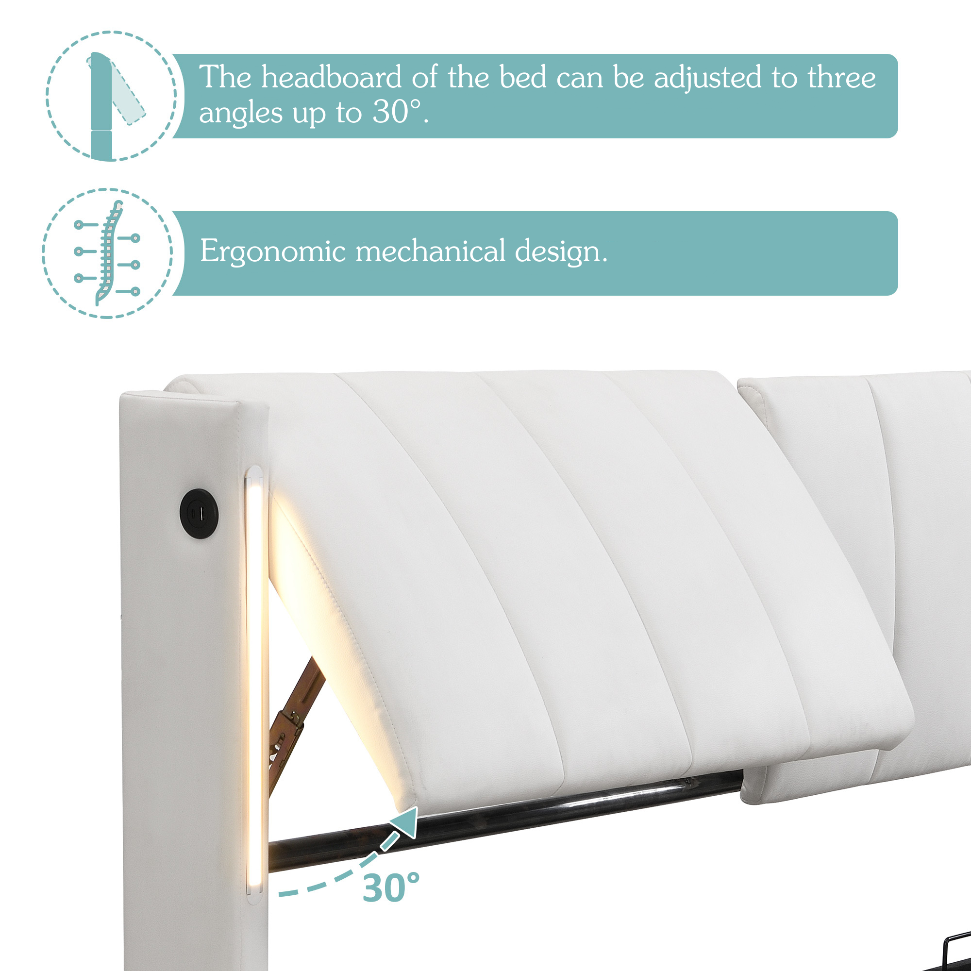 LED Upholstered Bed, Double (4ft6/135x190cm) with Hydraulic Storage, Rechargeable USB Port, Adjustable Headboard, White PU Leather