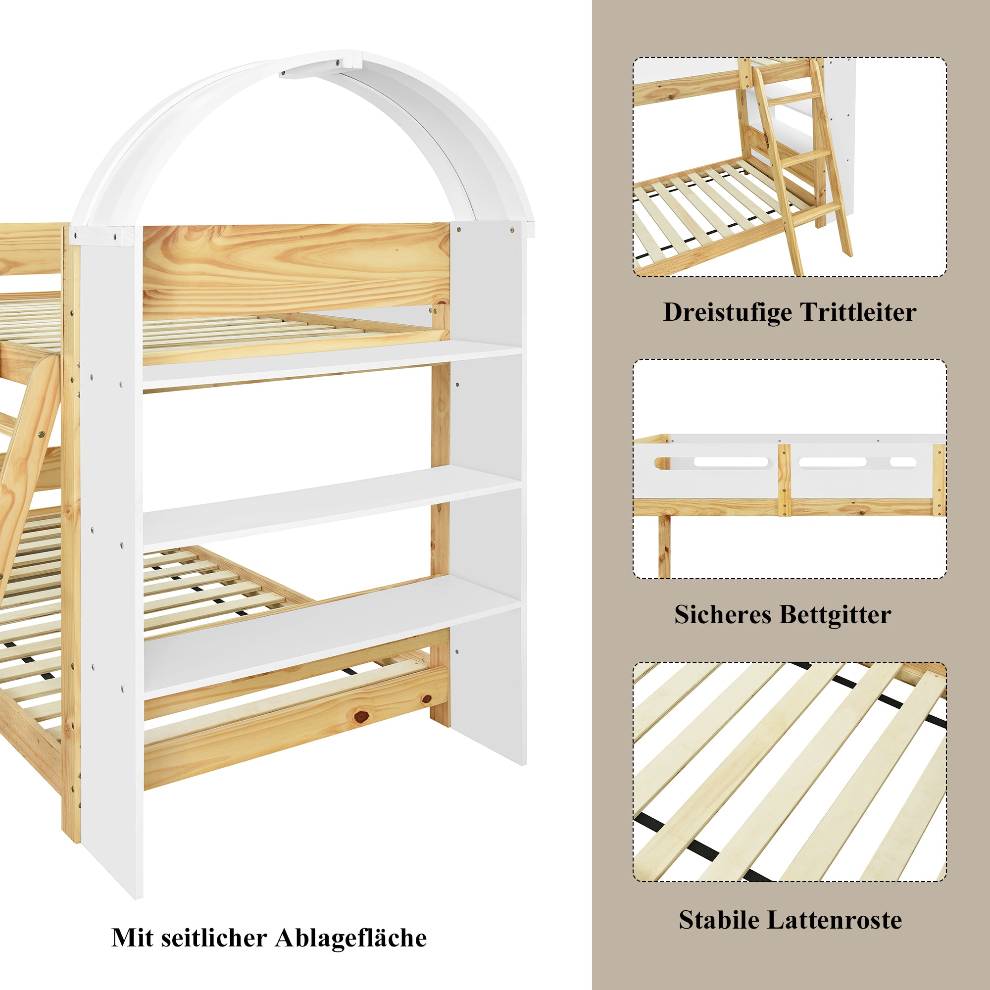 Bunk Bed with Shelf, Rail, & Ladder, Pine + MDF + Plywood, White + Natural