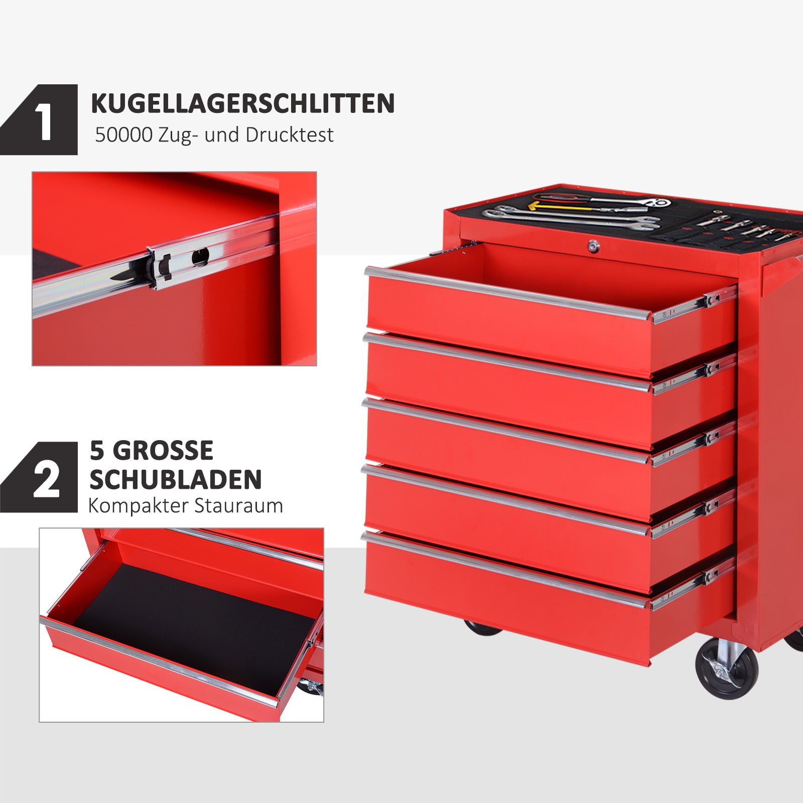 DURHAND Workshop Trolley, 5 Drawers, Lockable, Mobile, 150 kg, Steel Red