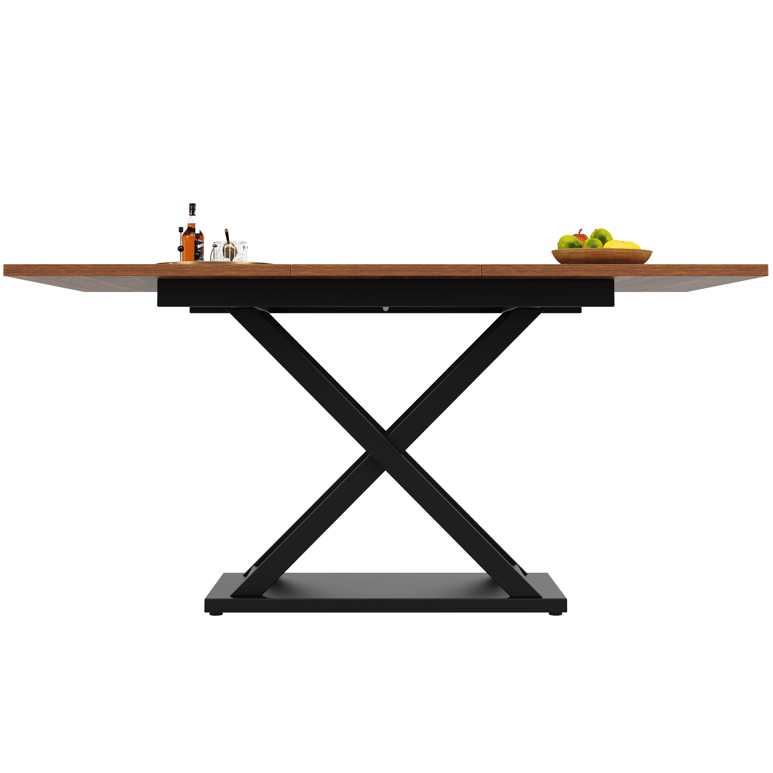 Telescopic Dining Table, Extendable Space-Saving with Crossed Iron Legs, Walnut