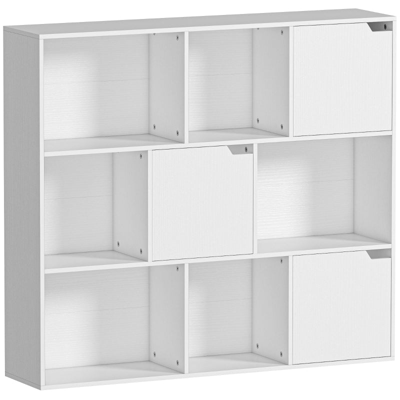 Bookshelf, 9 Cube Compartments 3 Doors 6 Open Shelves, White Chipboard