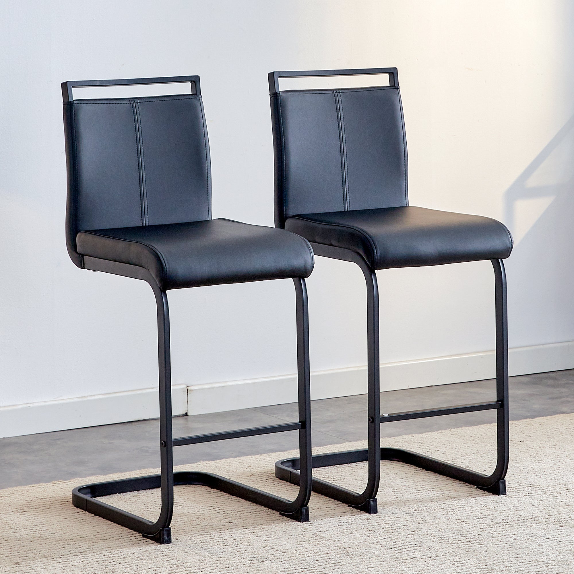 Nordic-Style Bar Stools, Set of 2, 96.5 cm Height, Black Faux Leather