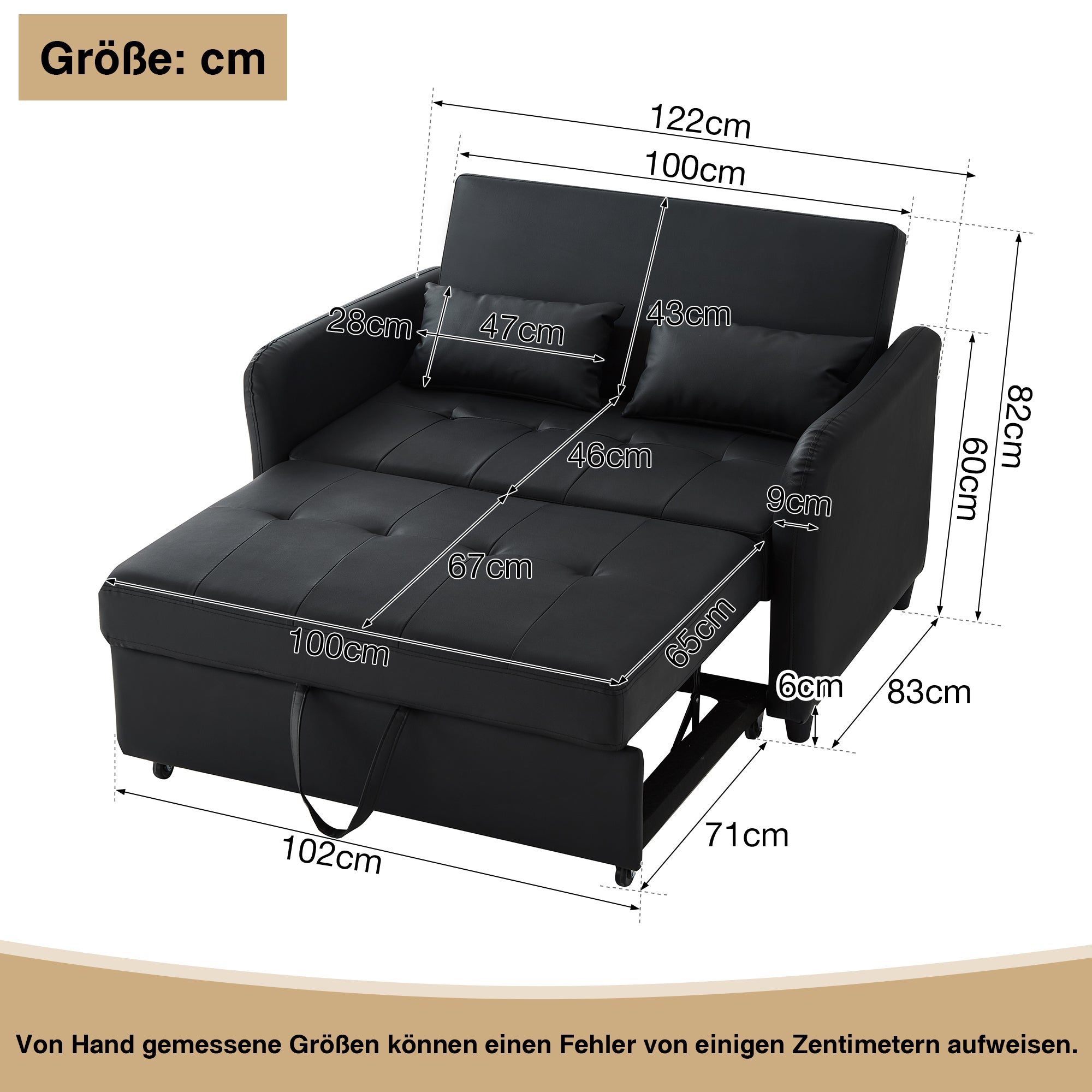 Multifunctional Sofa Bed Two-Seater Pull-Out, 3-Position Adjustable Backrest, Water-Repellent PU Material