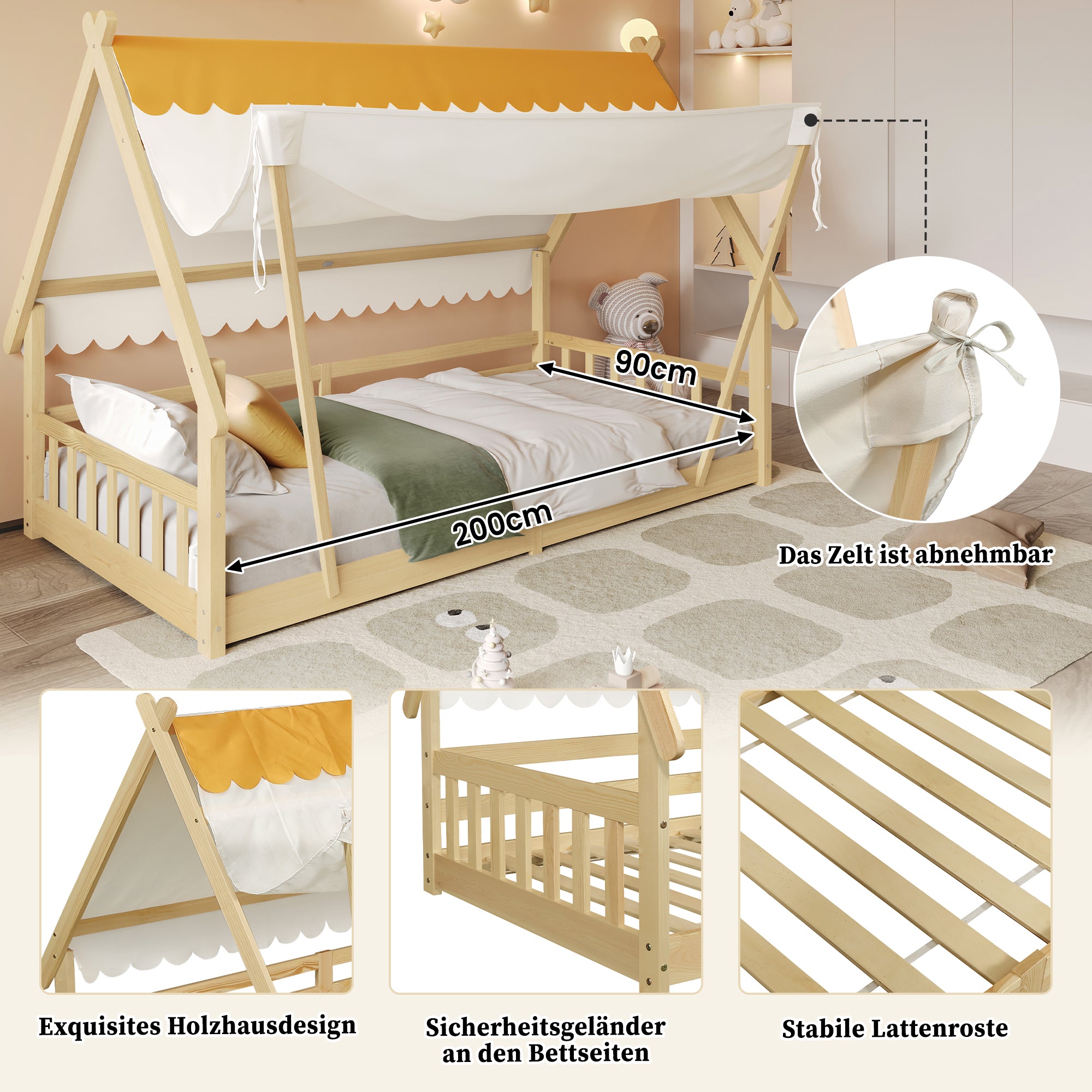 Wooden Bed, Children's Single with Removable Tent & Safety Railing, Pine + Plywood, Natural