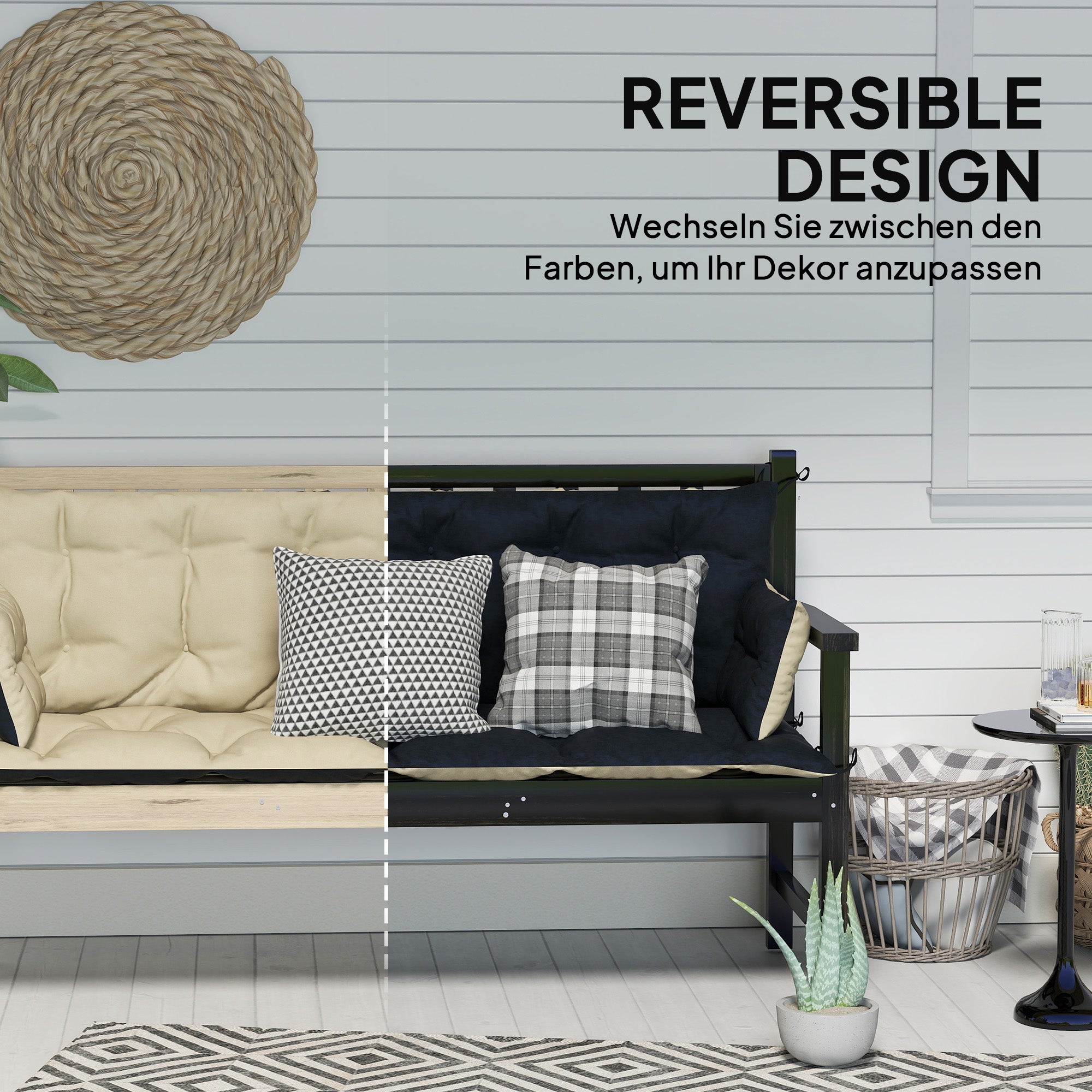 3-seater bench cushion 180x110x8 cm with ties outdoor/indoor, beige + black