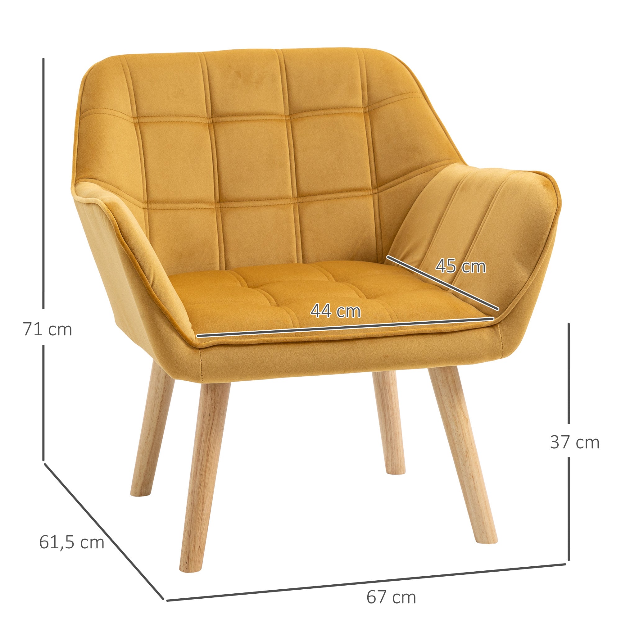 Modern Armchair, Accent Chair with Wide Arms, Slanted Back, Rubber Wood Legs, Yellow