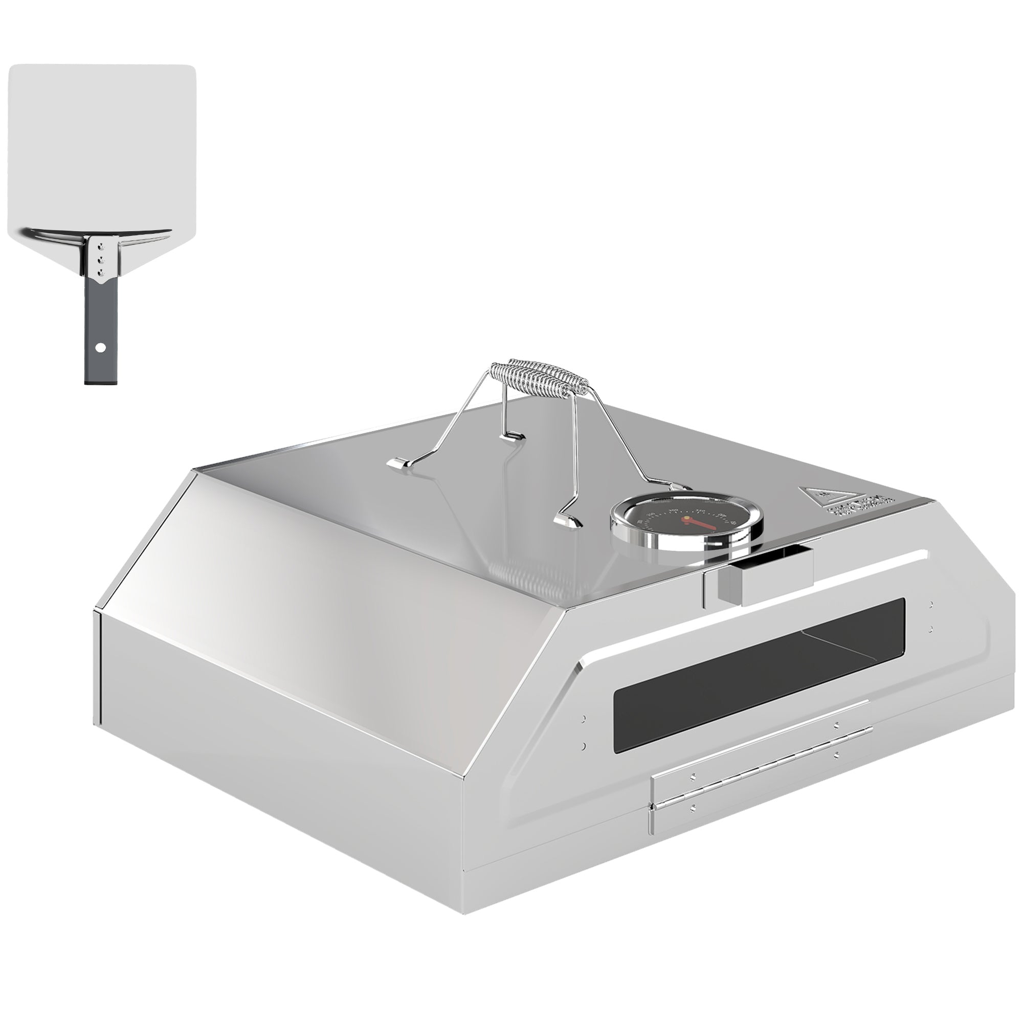 Portable Pizza Oven, 8 in BBQ Grill Top with Thermometer and Stone/Peel, Stainless Steel/Silver Tone