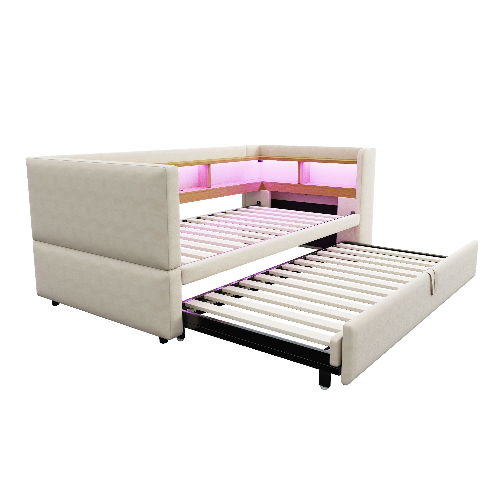 Multi-Functional Sofa Bed with Storage, LED Lighting & USB/Power Outlets, Beige