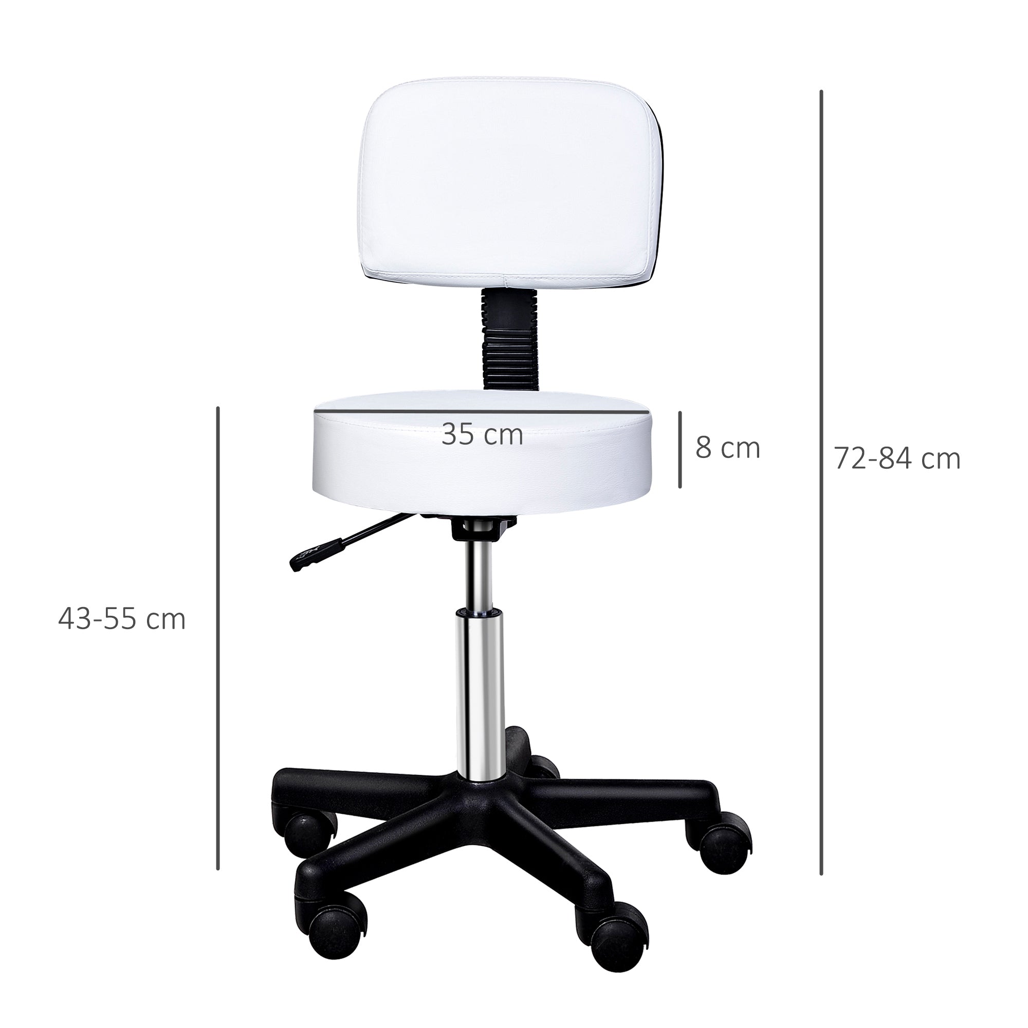 Work Stool, Rolling Swivel, Height Adjustable with Backrest, White