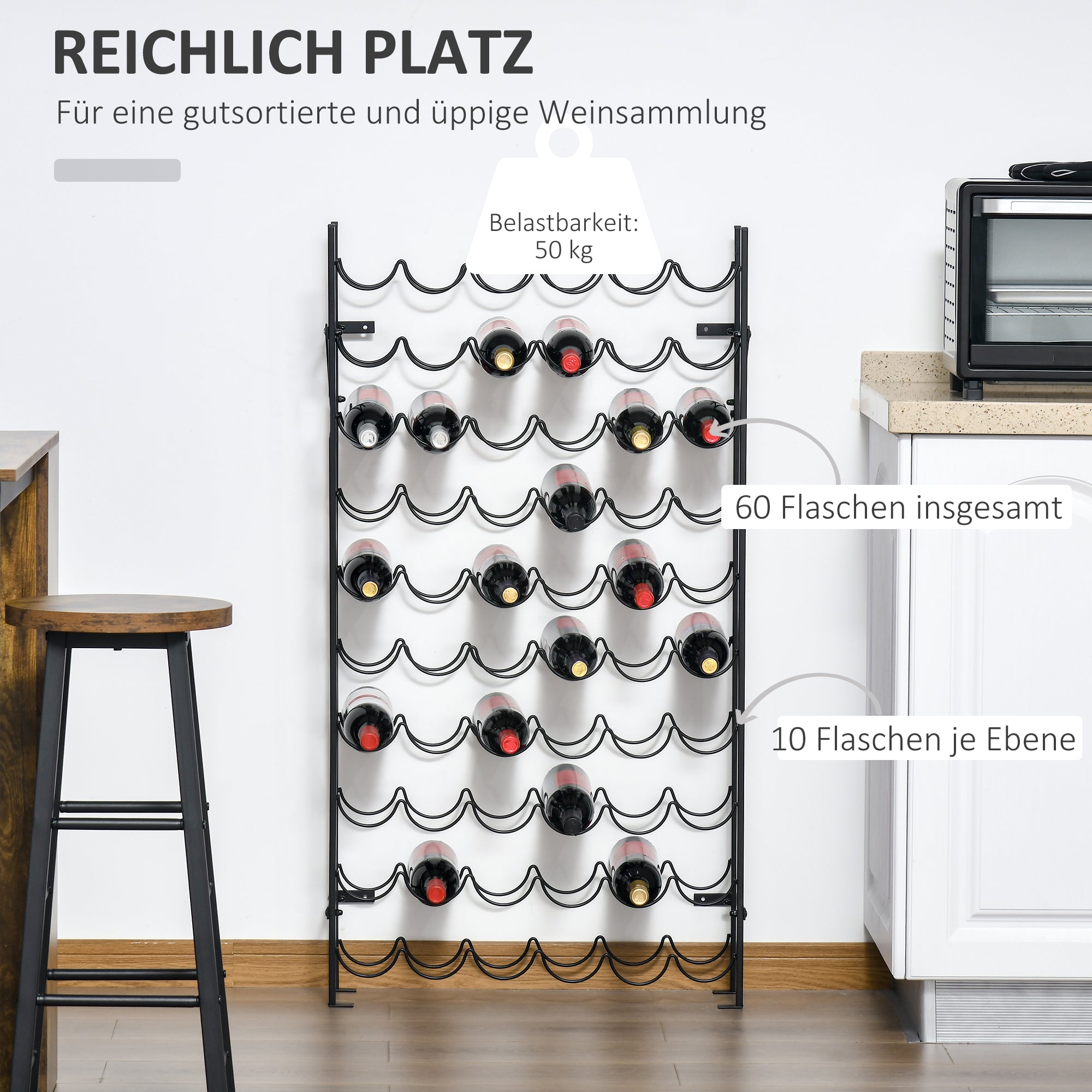 Wine Rack, 60 Bottles Wall-Mounted Metal, Black