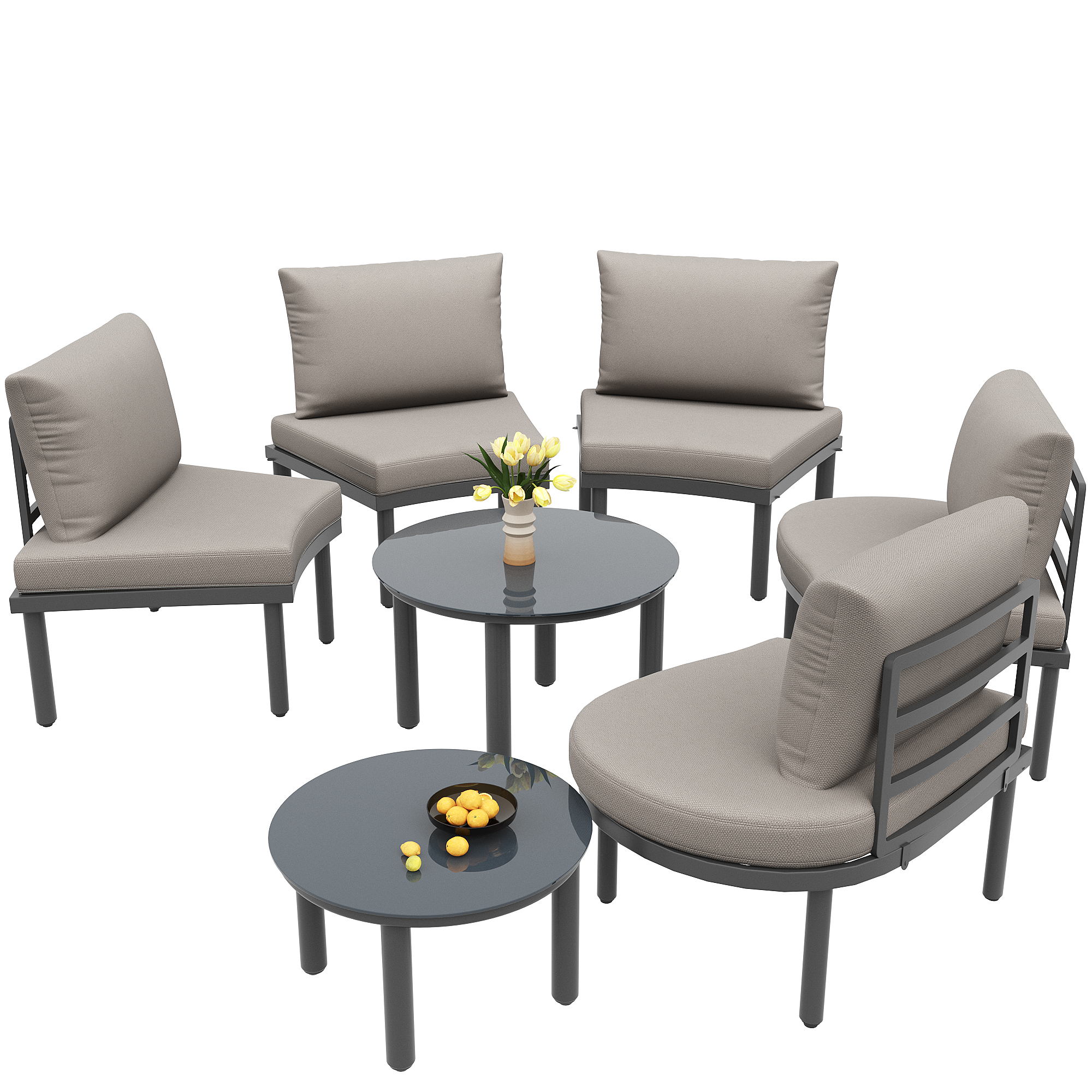 Garden furniture set 5-seater 2 coffee tables with grey cushions and pillows galvanized iron