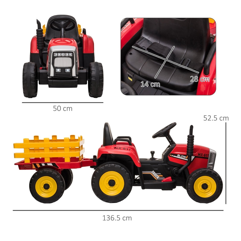 Ride On Tractor, Electric with Detachable Trailer, Remote Control, Music - Red