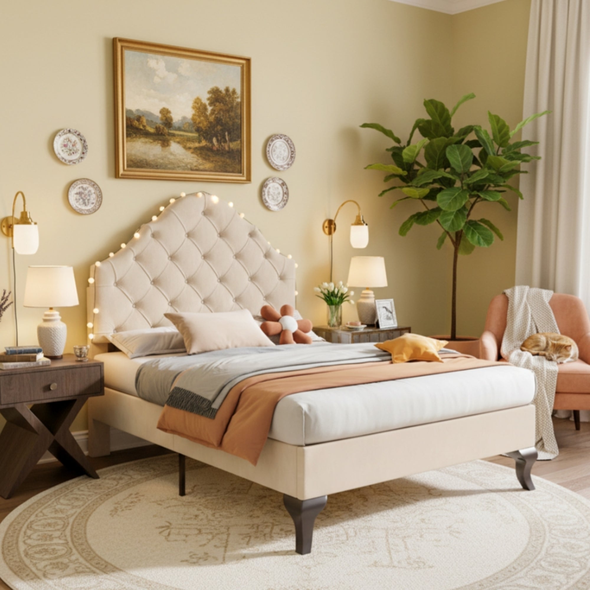 Upholstered Single Bed 90x200cm Adjustable Headboard Slatted Frame - Velvet Beige