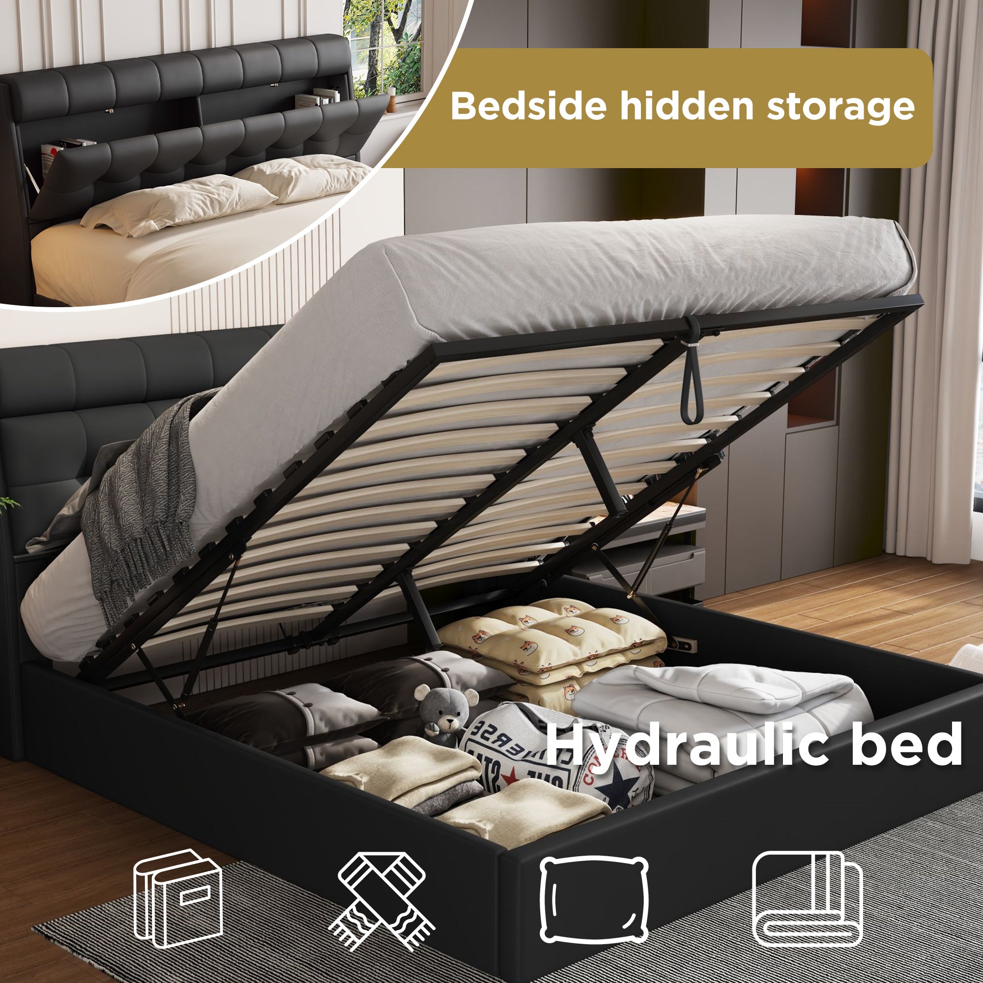 Fashion Upholstered Bed, Double Hydraulic with Storage and Slats, Black PU