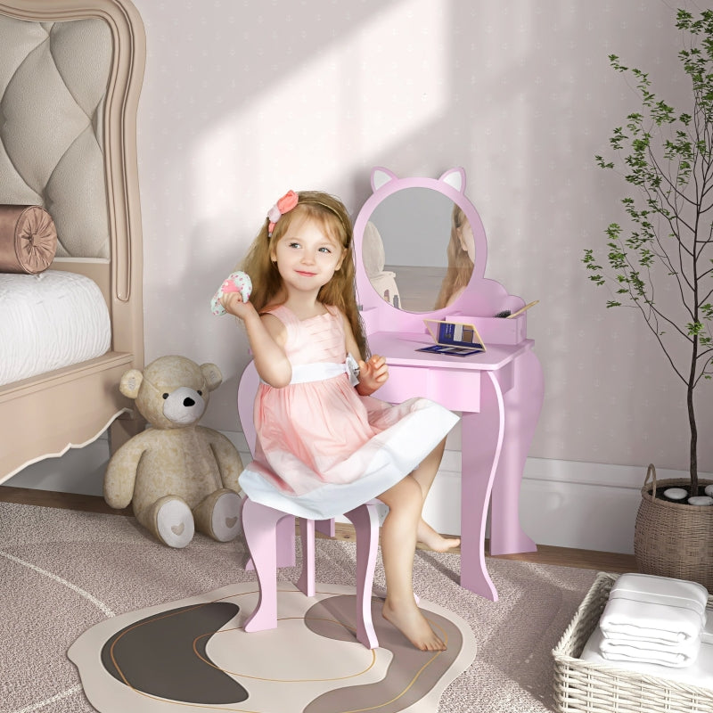 Kids Vanity Table with Mirror, Stool, Drawer, Cat Design, for Ages 3-6 Years - Pink