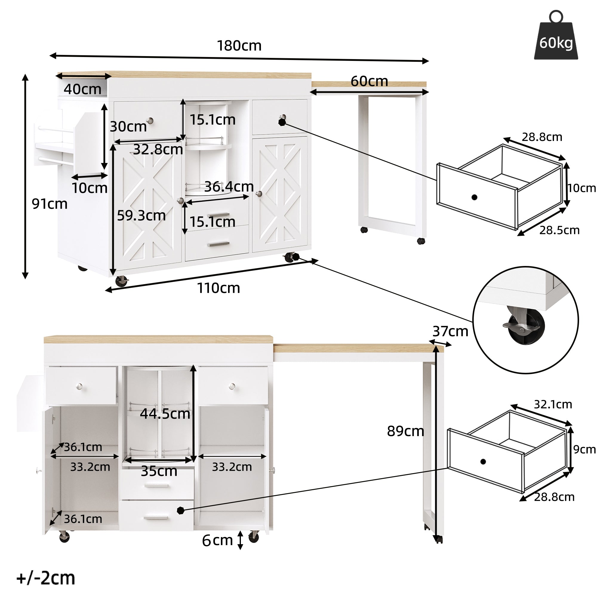 Modern Extendable Bar Table and Kitchen Trolley with Rotating Organizer and Adjustable Shelves, White