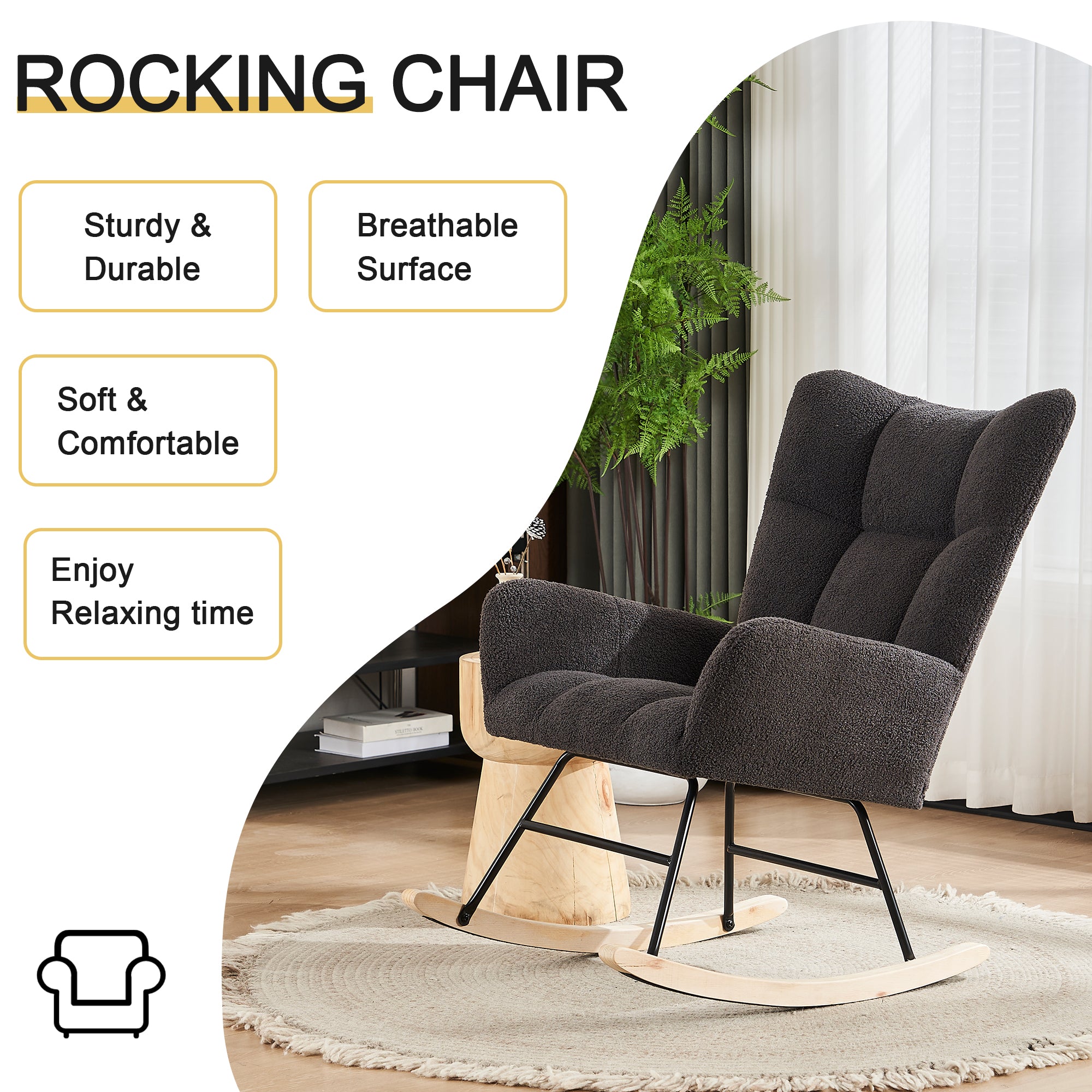 Modern Rocking Chair, High Backrest Armrests, Grey