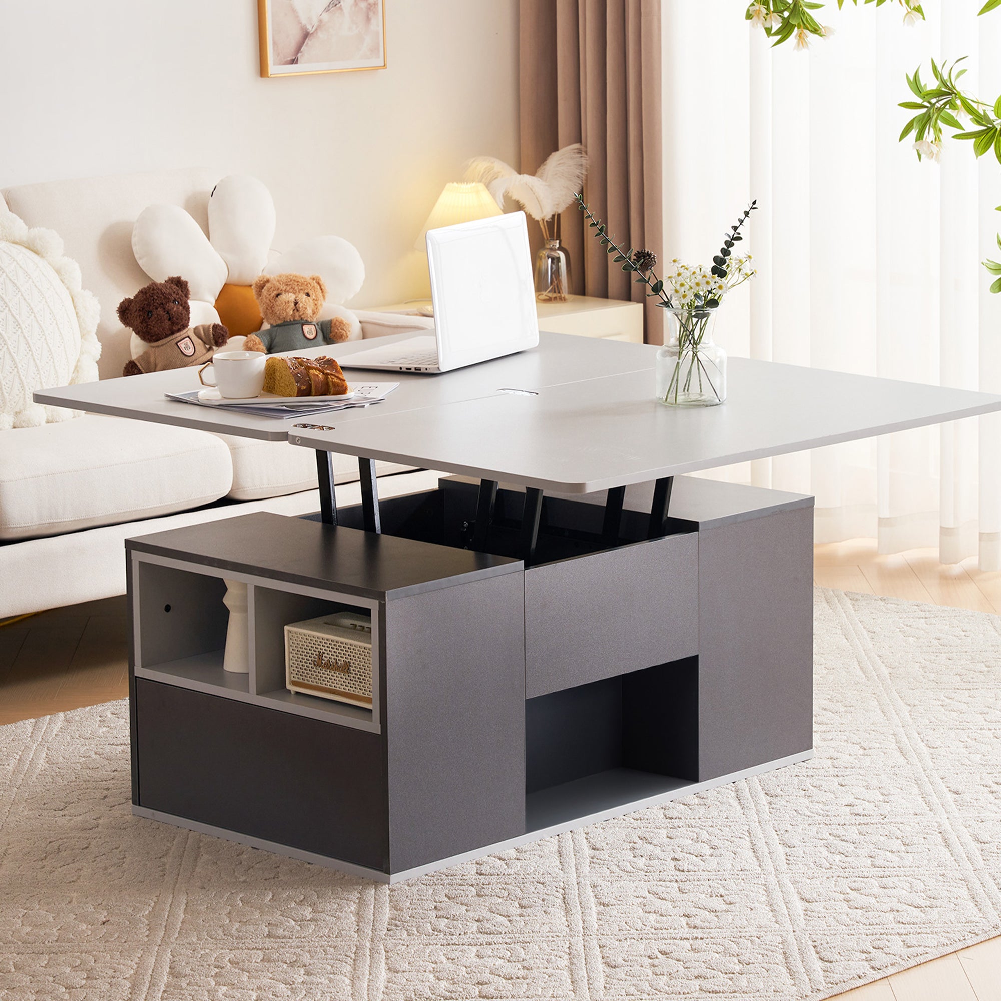 Liftable Multifunctional Coffee Table Opens to 2 Tables Large Capacity - Dark Grey/Light Grey