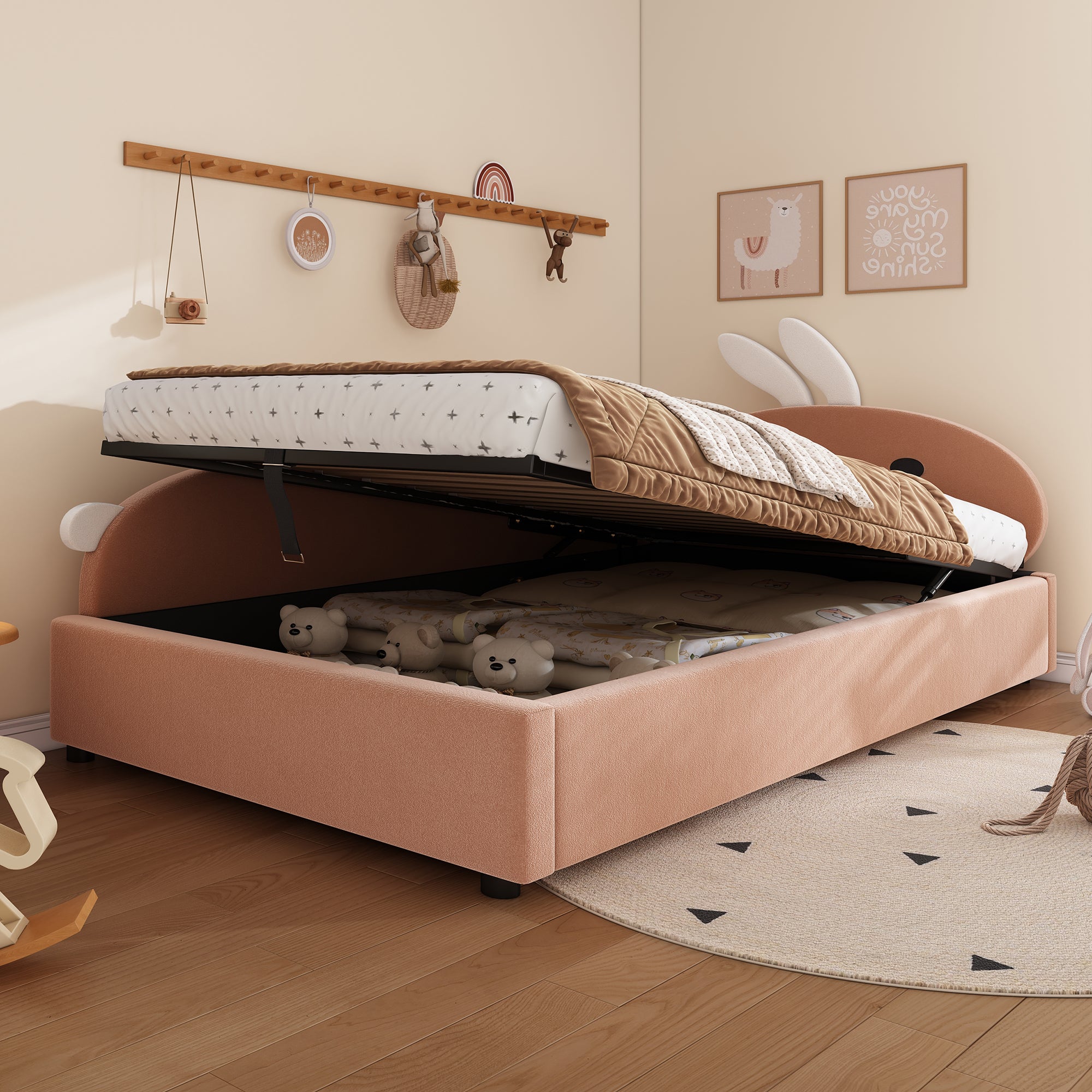 Upholstered Bed, Single Children's Hydraulic with Bunny Headboard, Velvet Pink+White