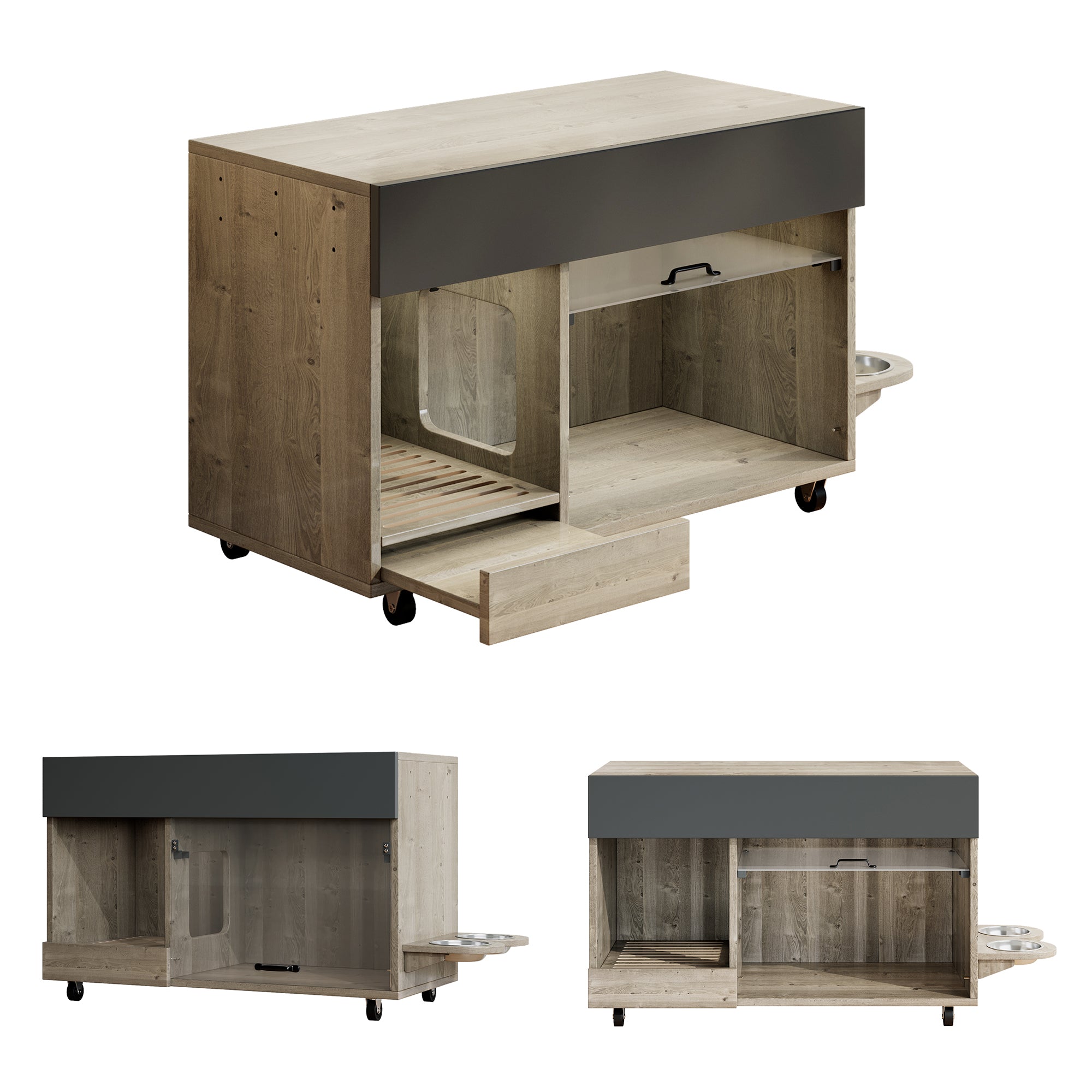 Movable Cat Litter Box Cabinet Food Bowls Sand Tray Pegboard 100x45.5x67cm - Oak