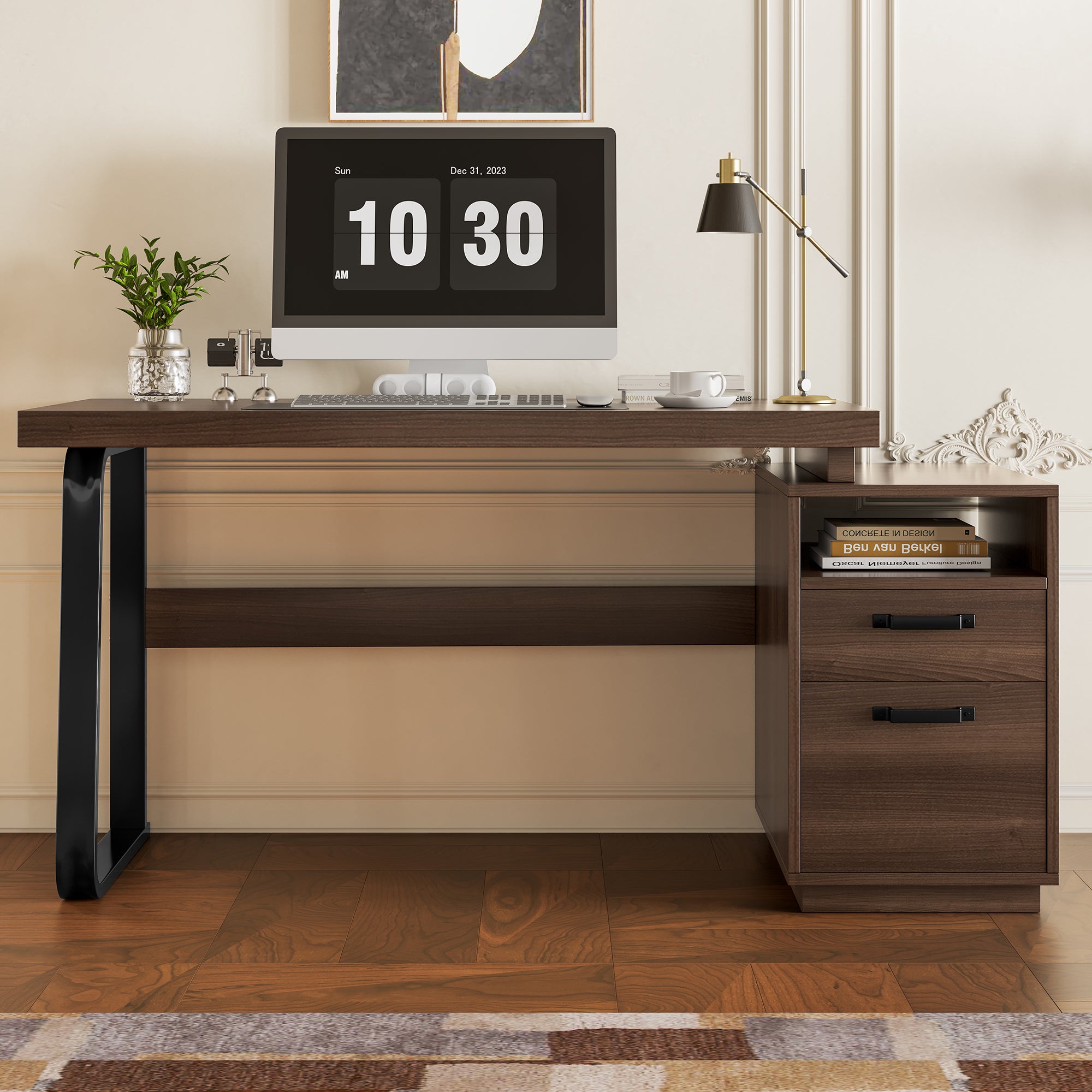Modern Desk with Multifunctional Storage and Silent File Drawer, MDF and Steel, Brown