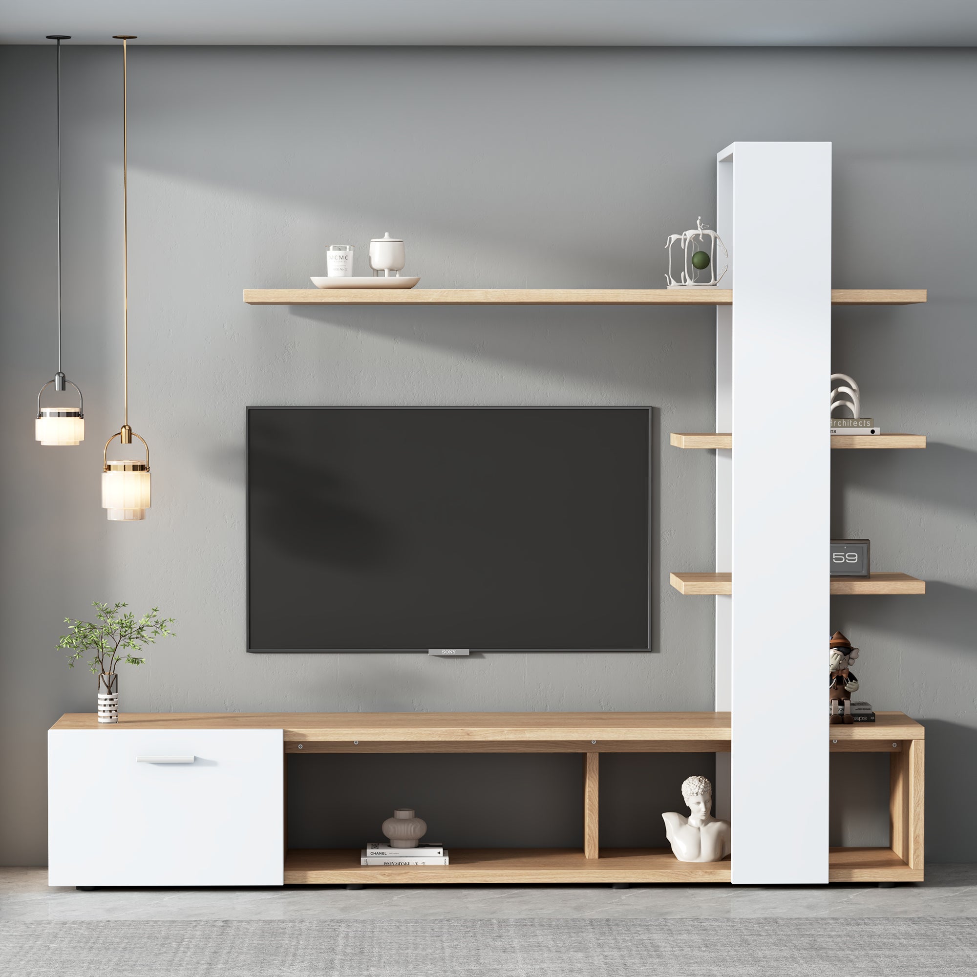 Living Room Wall Cabinet, 180x33.5x151.5cm, for TVs under 60 inches, Modern Oak White