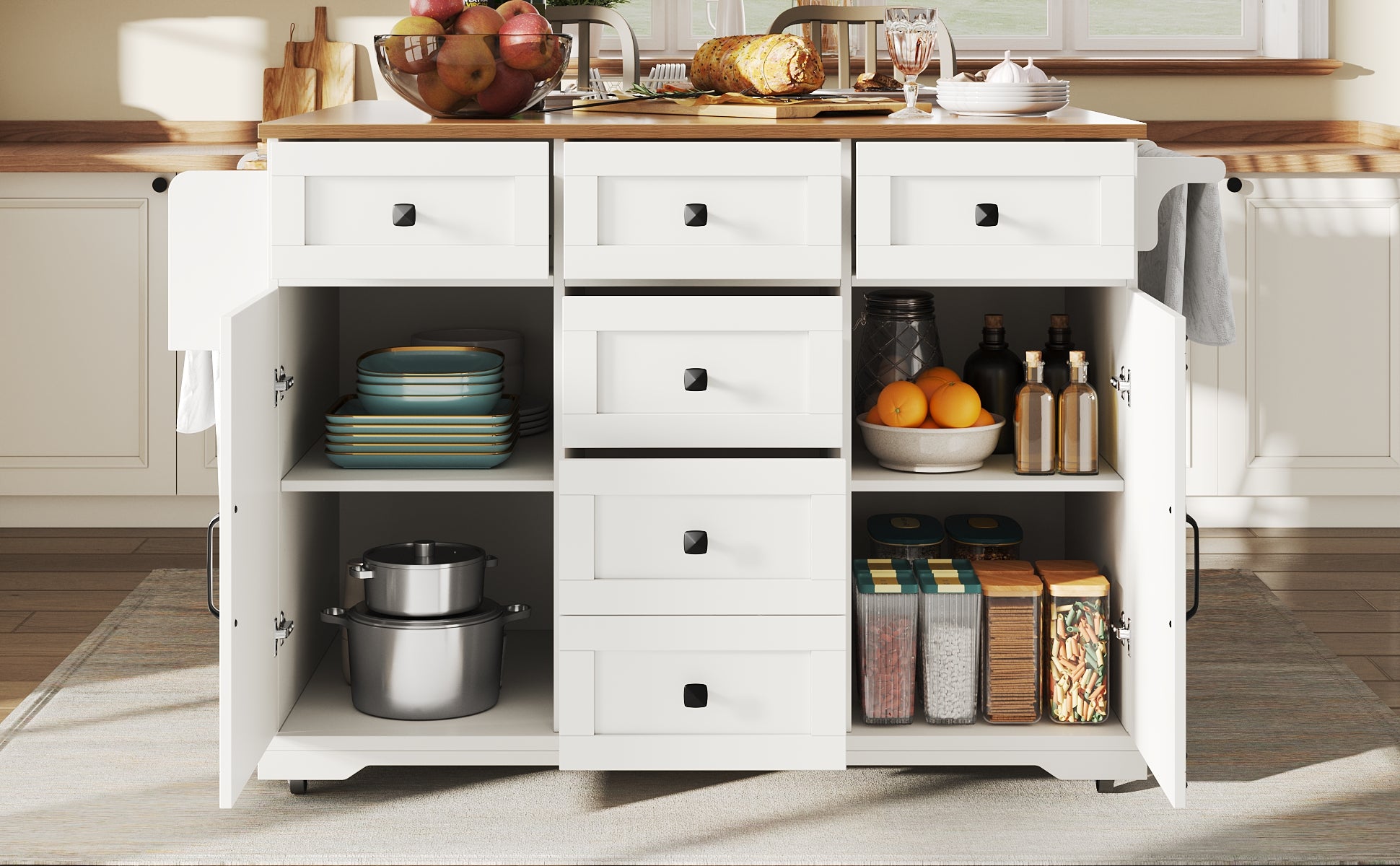 Kitchen Island Serving Trolley - Storage Wood Grain - White