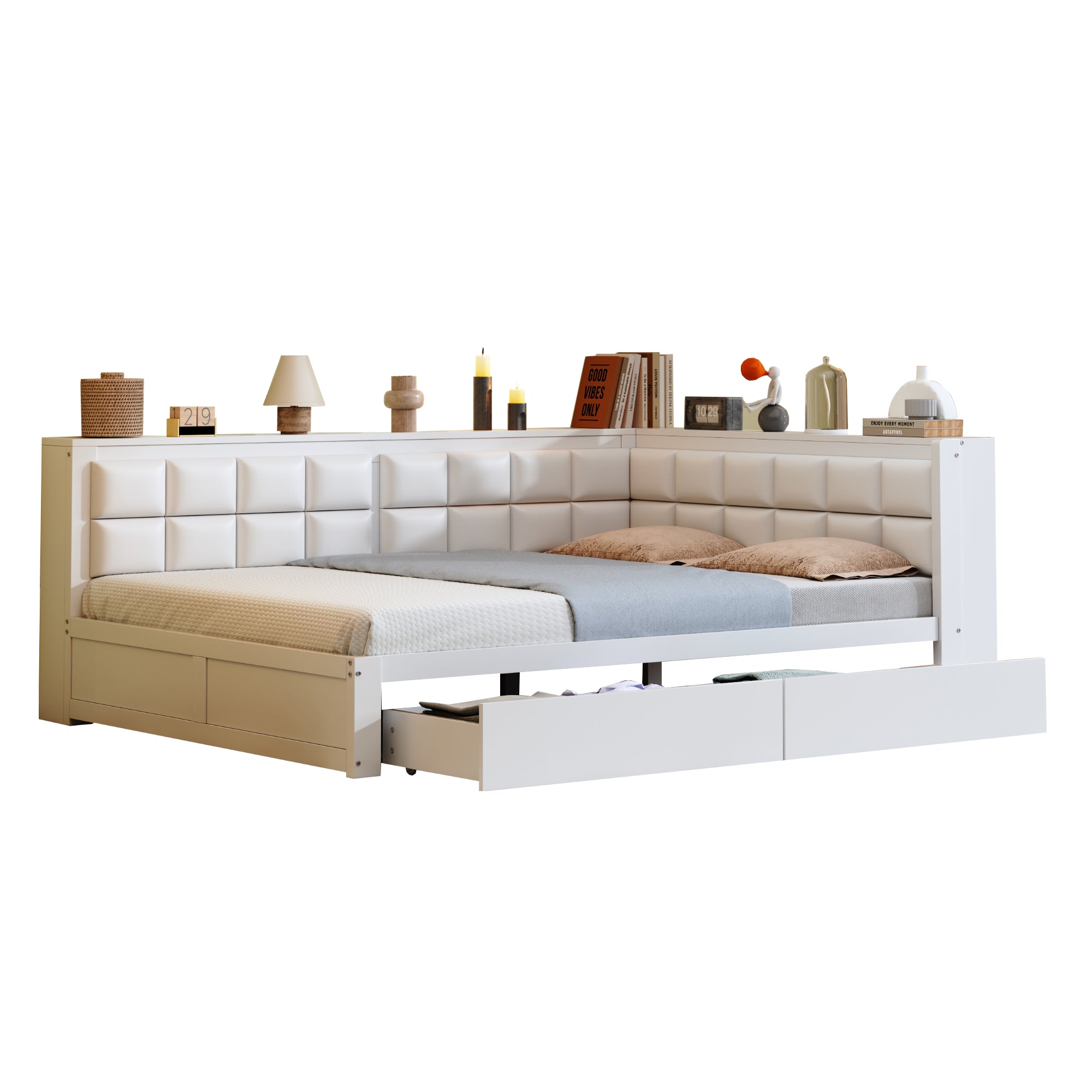 Sofa Bed, Multifunctional with Storage Drawer & Soft Backrest, Pine Wood White