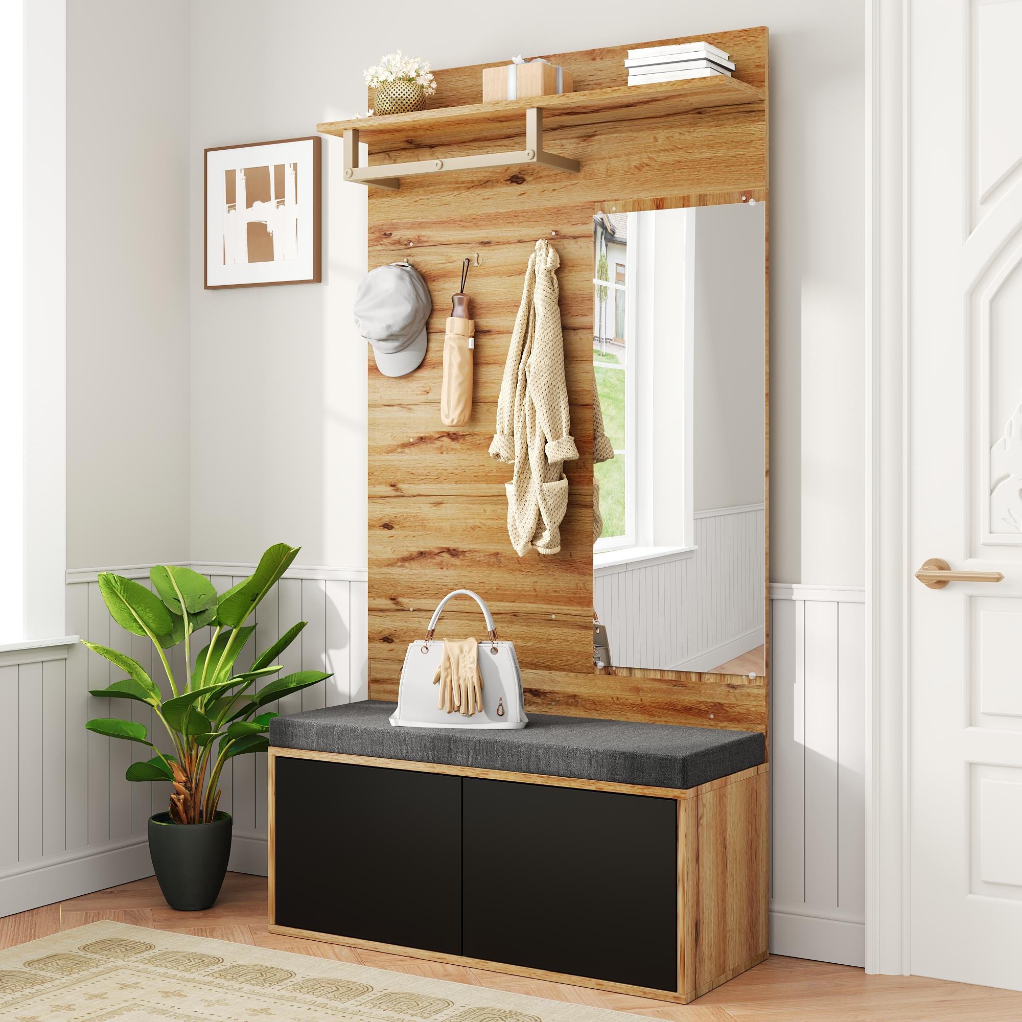 Wardrobe Set Compact Hallway Unit with Mirror, Cushions, and Shoe Cabinet, 100x190x38 cm