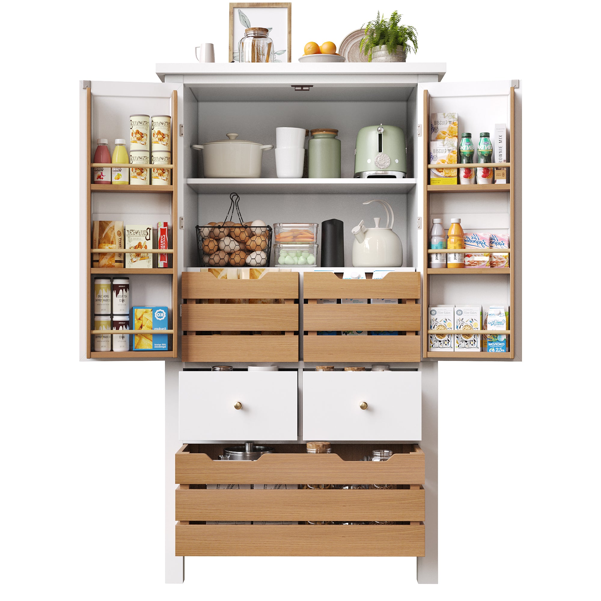 Tall Kitchen Cabinet Buffet 80x140cm Multi-Purpose Storage with 2 Doors & 5 Drawers Black/White