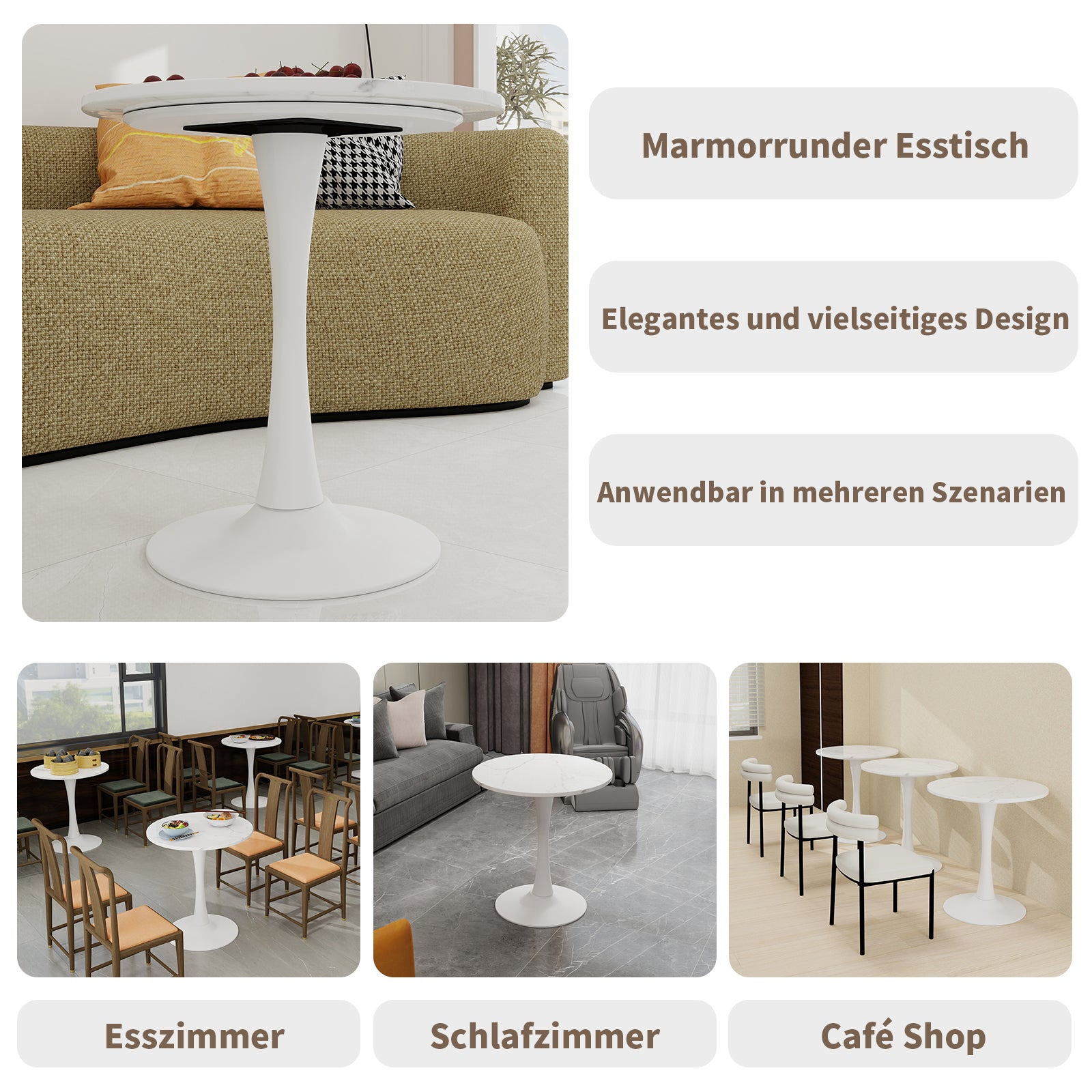 Coffee Table 27.6-inch Round Marble Mid-Century Modern 2-4 Person White Finish