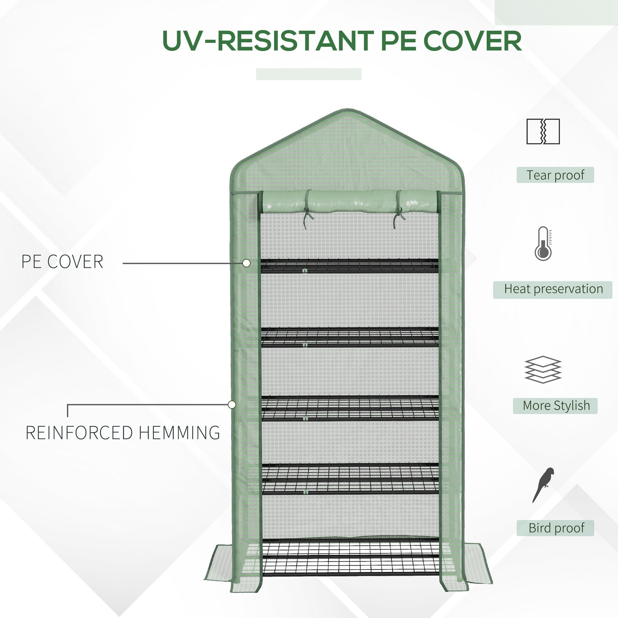5 Tier Widened Mini Greenhouse, Reinforced PE Cover Roll-up Door Wire Shelves, Green