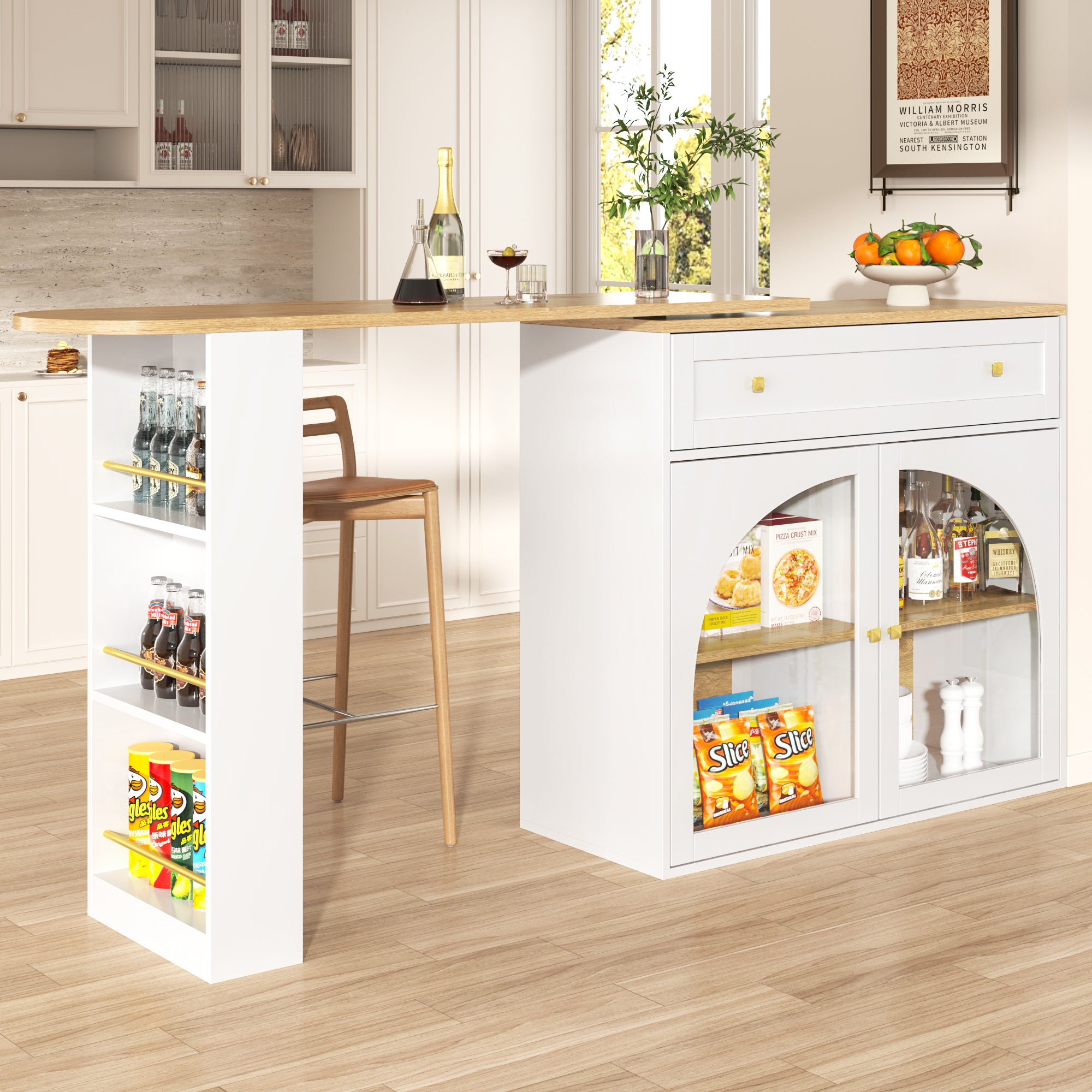 Bar Table Extendable 360° Rotating Storage with Shelves & Glass - White