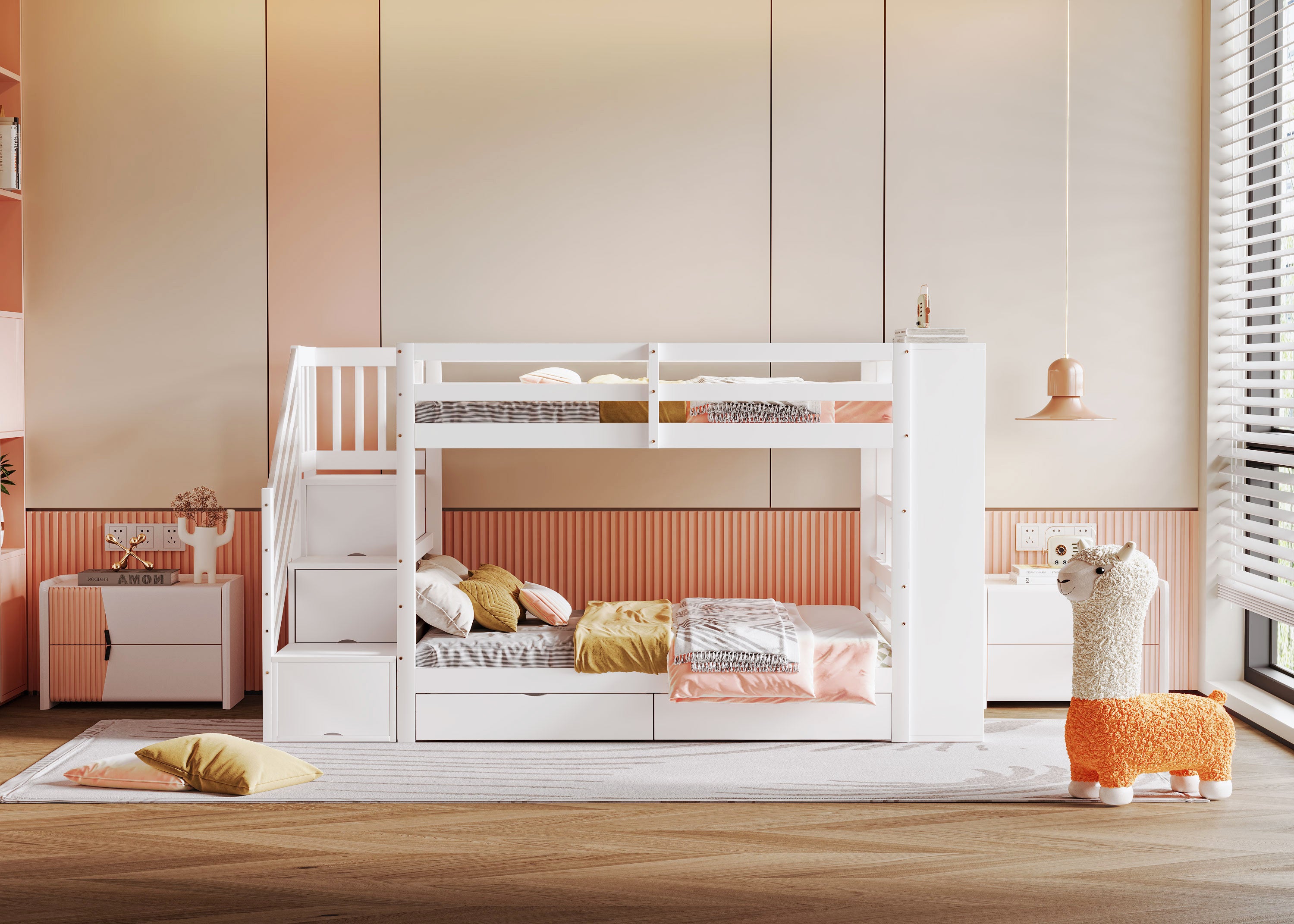 Bunk Bed, 90x200cm, Safety Ladder, Storage & Lockers, Pine Wood, White