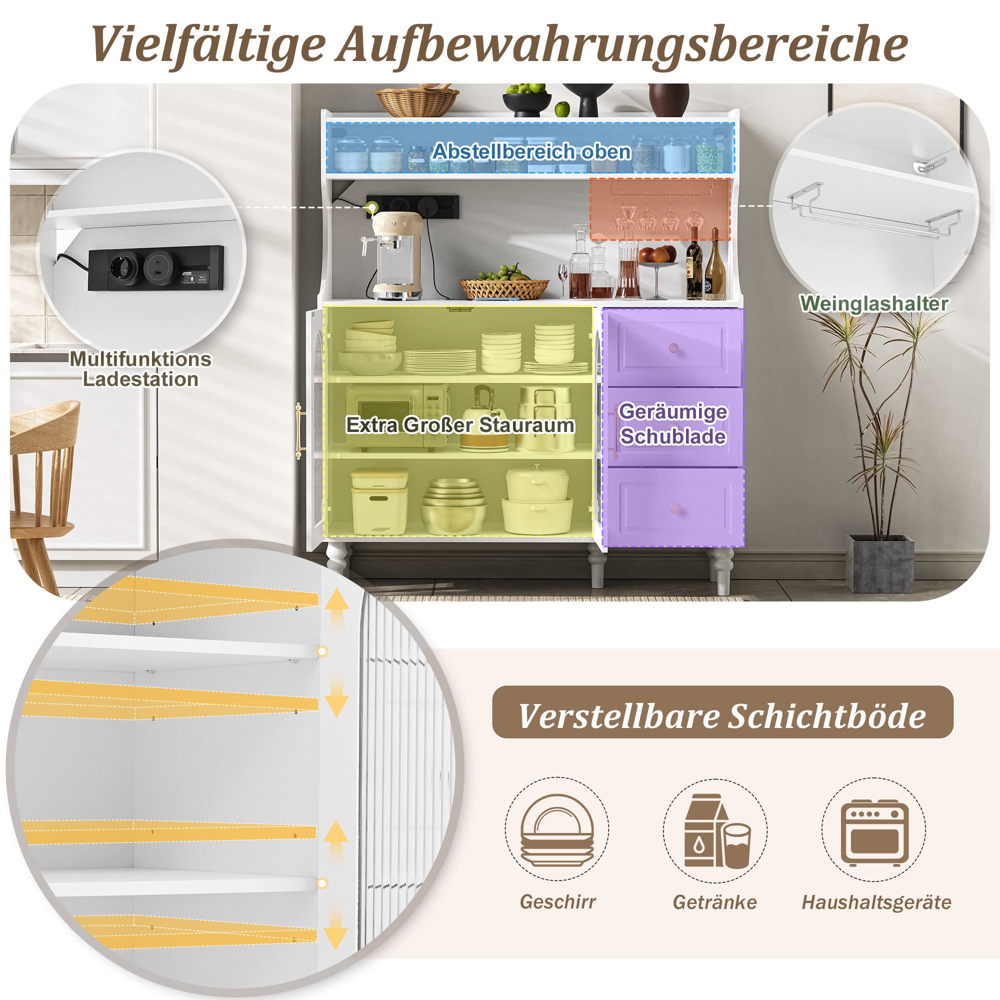 Tall Cabinet with Sockets, Drawers, Wine Glass Holders & Adjustable Shelves - White