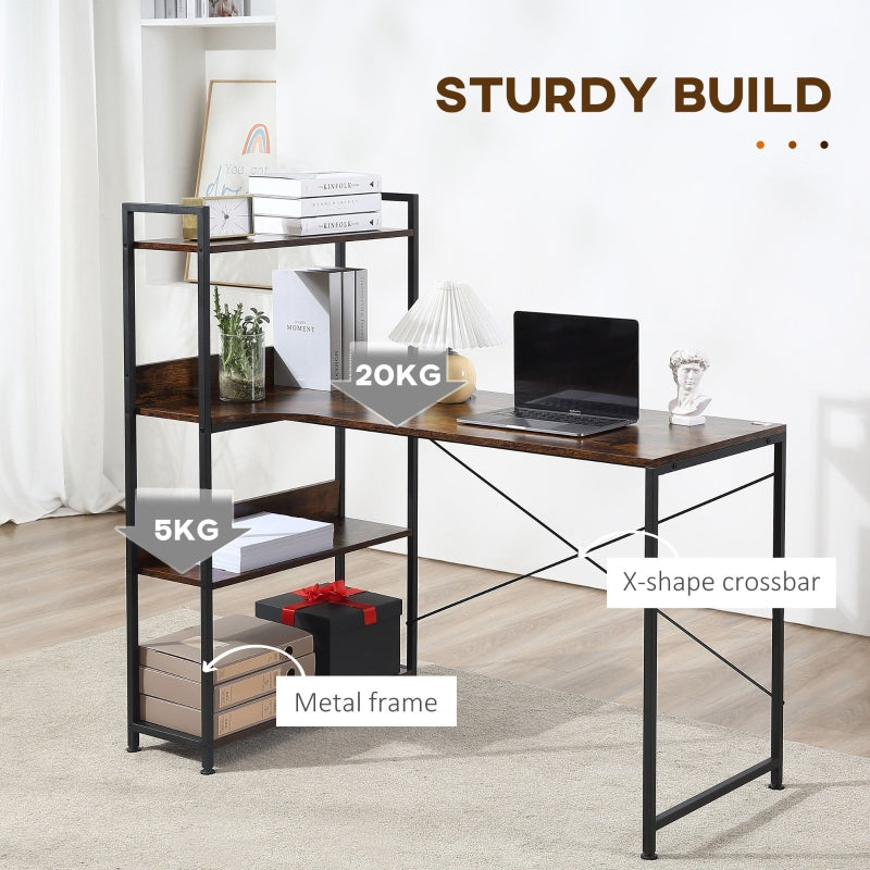 Office Desk, 120 CM with Storage Shelves and Metal Frame, Rustic Brown