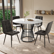 Dining Table Set 5-Piece Round 100cm Black Metal White MDF Dark Grey Velvet