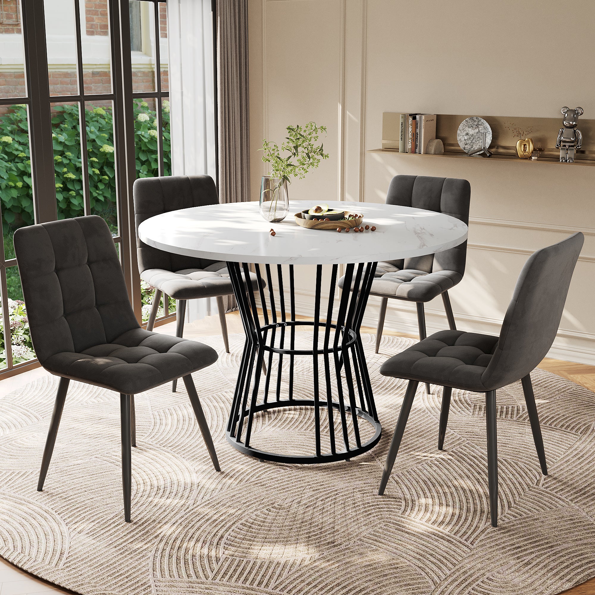Dining Table Set 5-Piece Round 100cm Black Metal White MDF Dark Grey Velvet