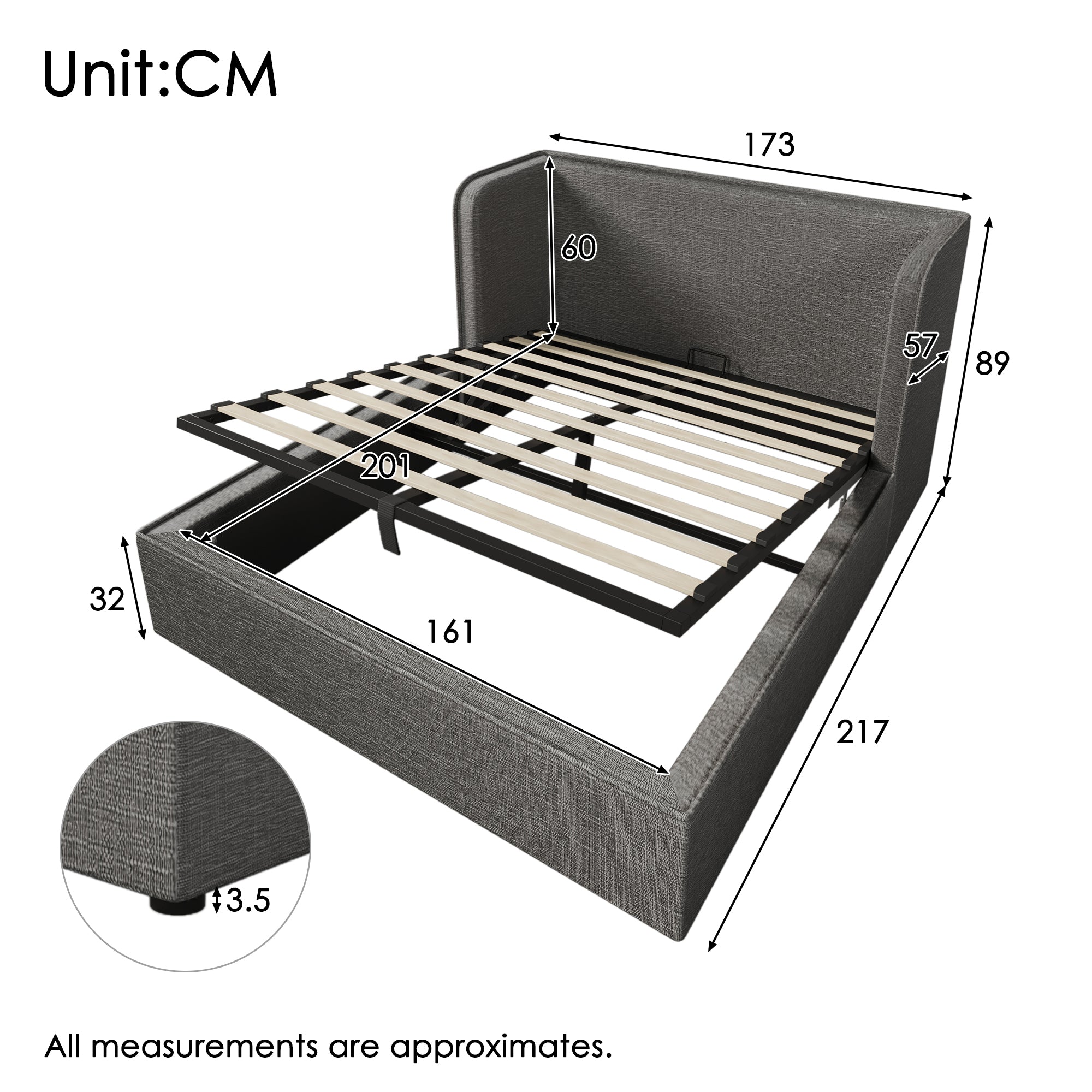 Upholstered Double Bed 160x200 with Hydraulic Storage, Black Frame & Grey Linen