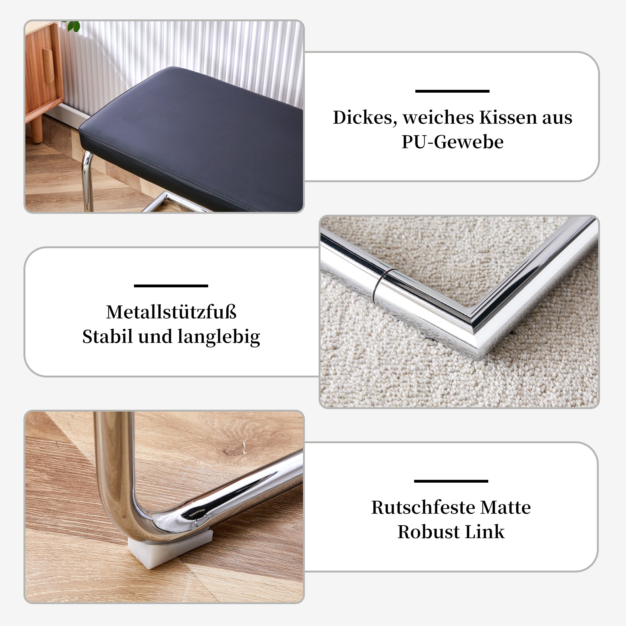 Bench 130cm Modern Chrome Frame - Black Leather