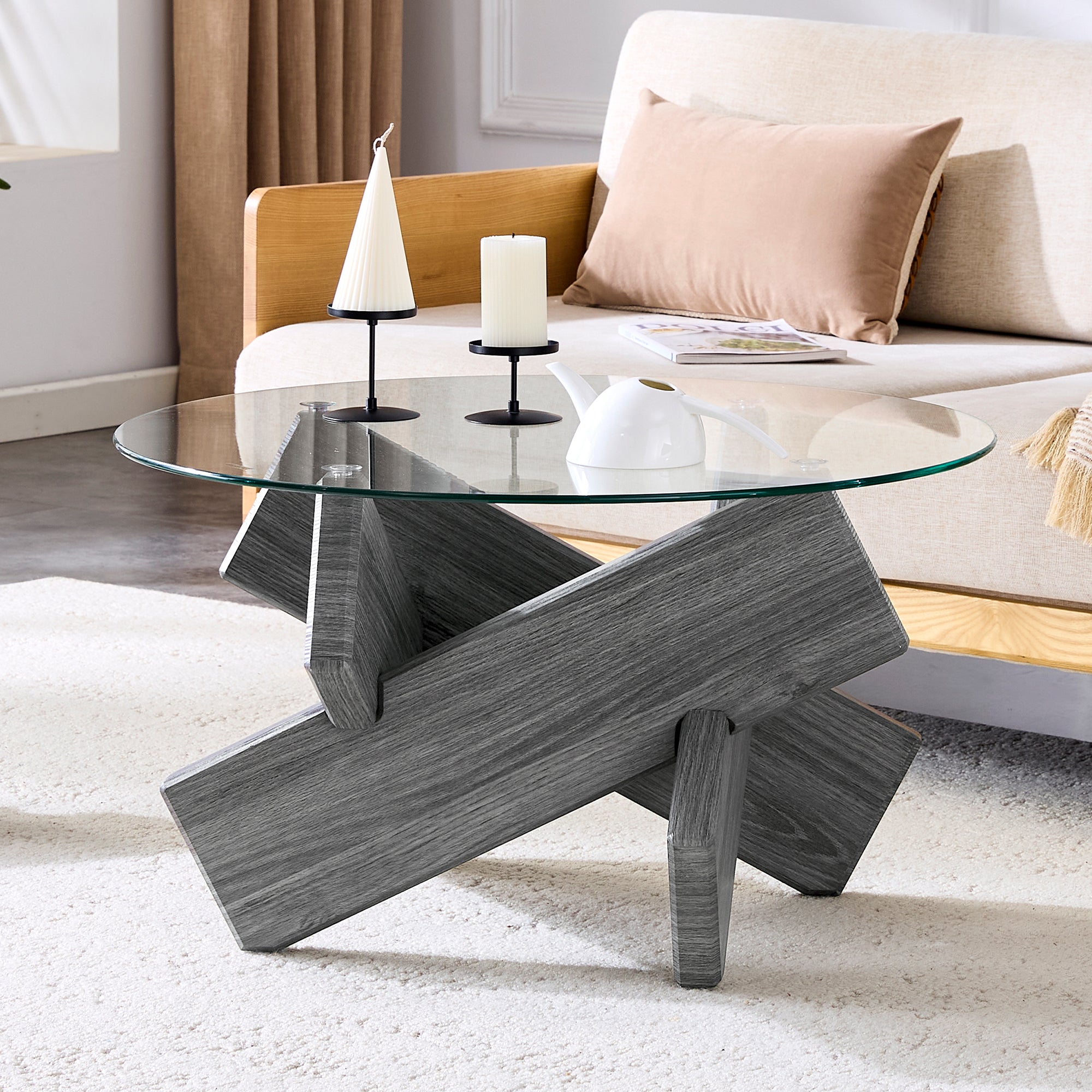 Round Coffee Table 79cm Tempered Glass Cross Legs - Gray MDF