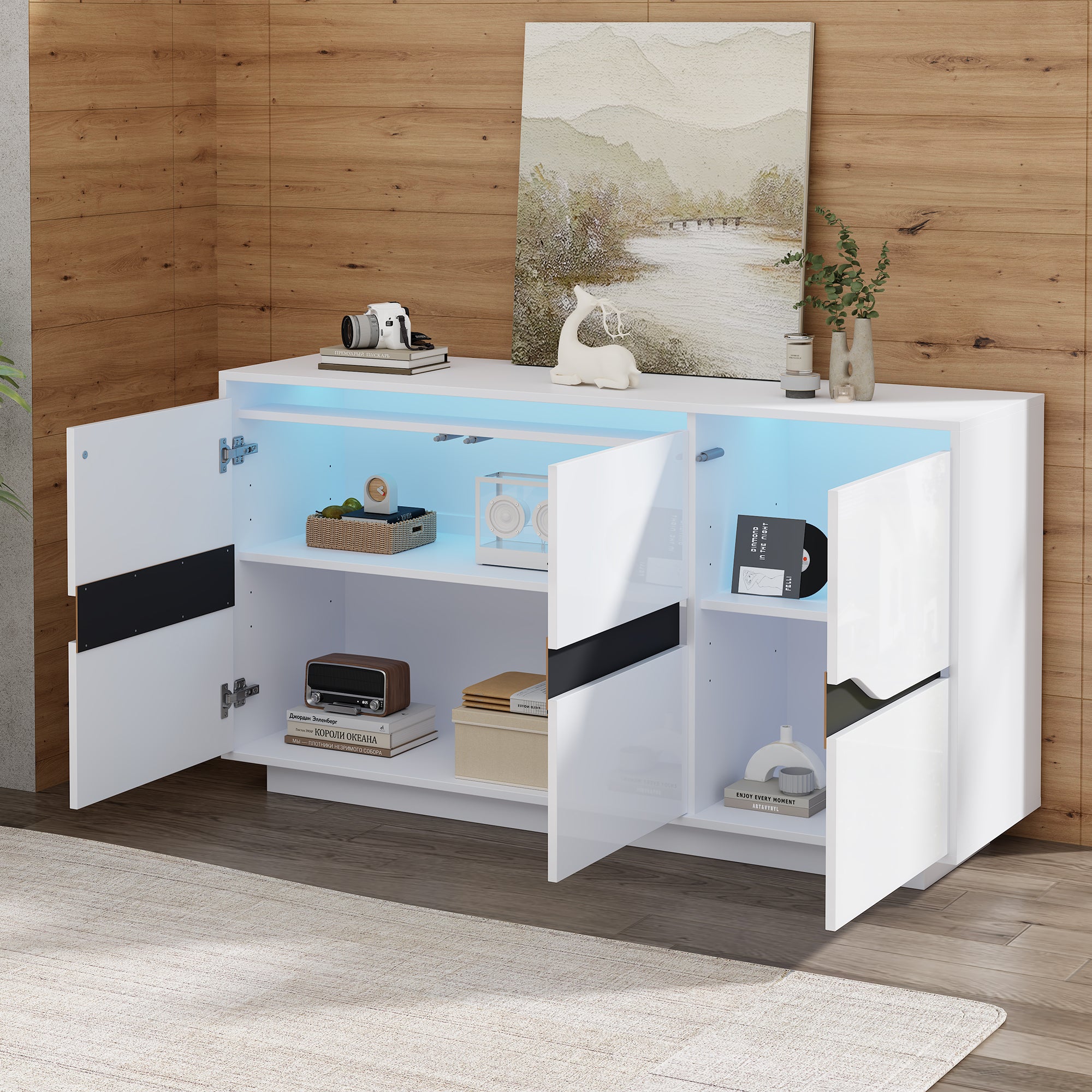 Sideboard, Living Room 140x40x76cm with 3 Doors, Adjustable Dividers, LED, White & Black