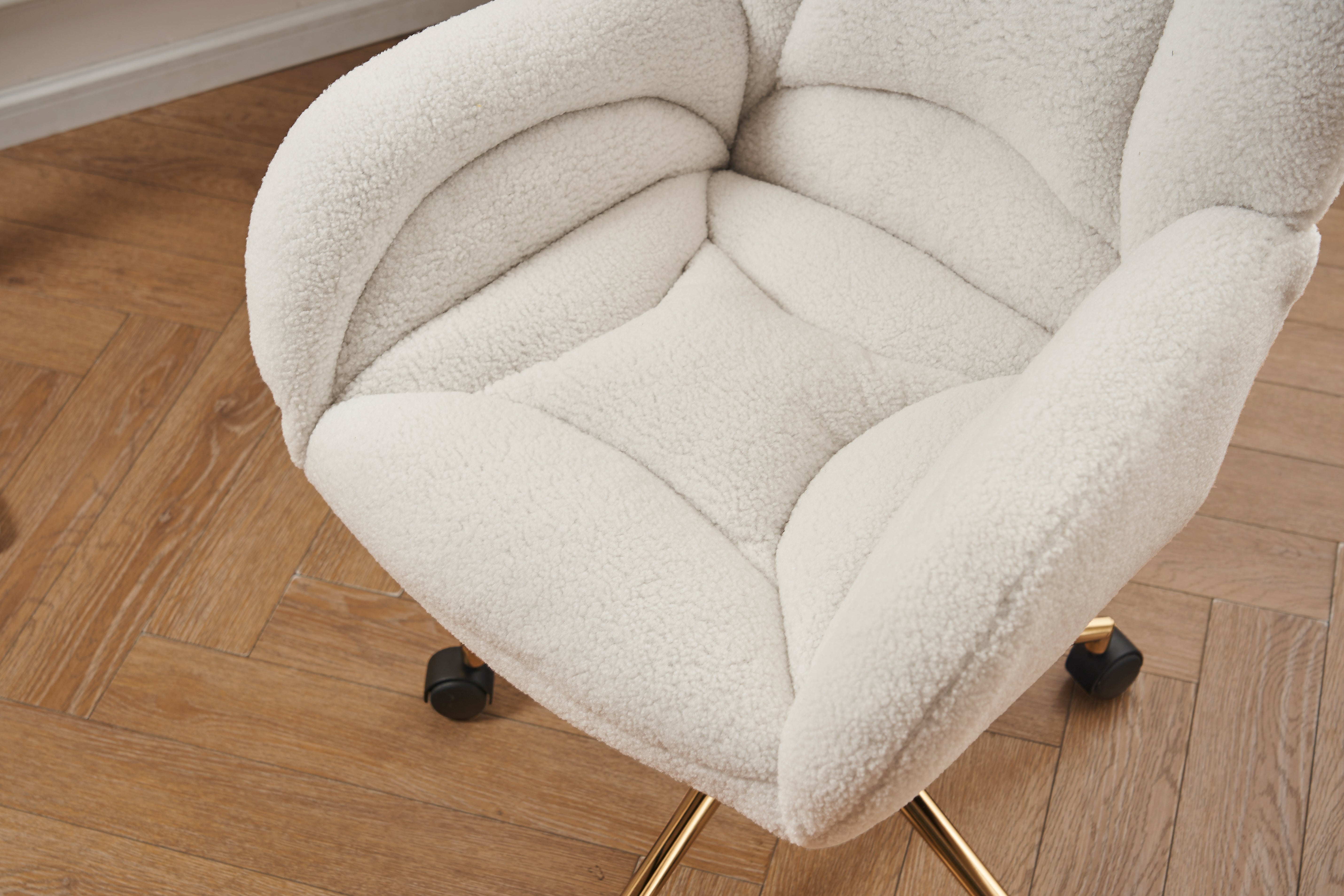 Swivel Chair Height-Adjustable Gold Legs - White Teddy Fabric