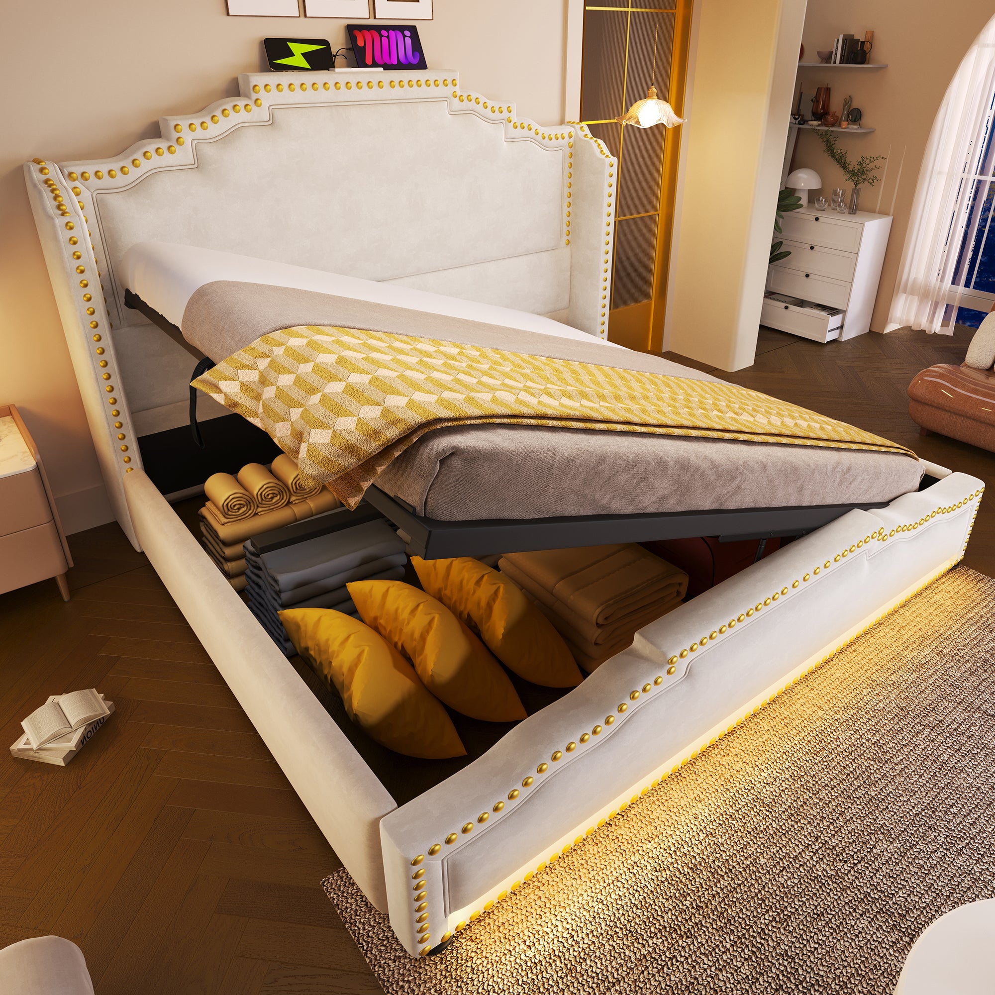 Upholstered Bed 140x200, Hydraulic Storage, LED, USB-C, Velvet Beige