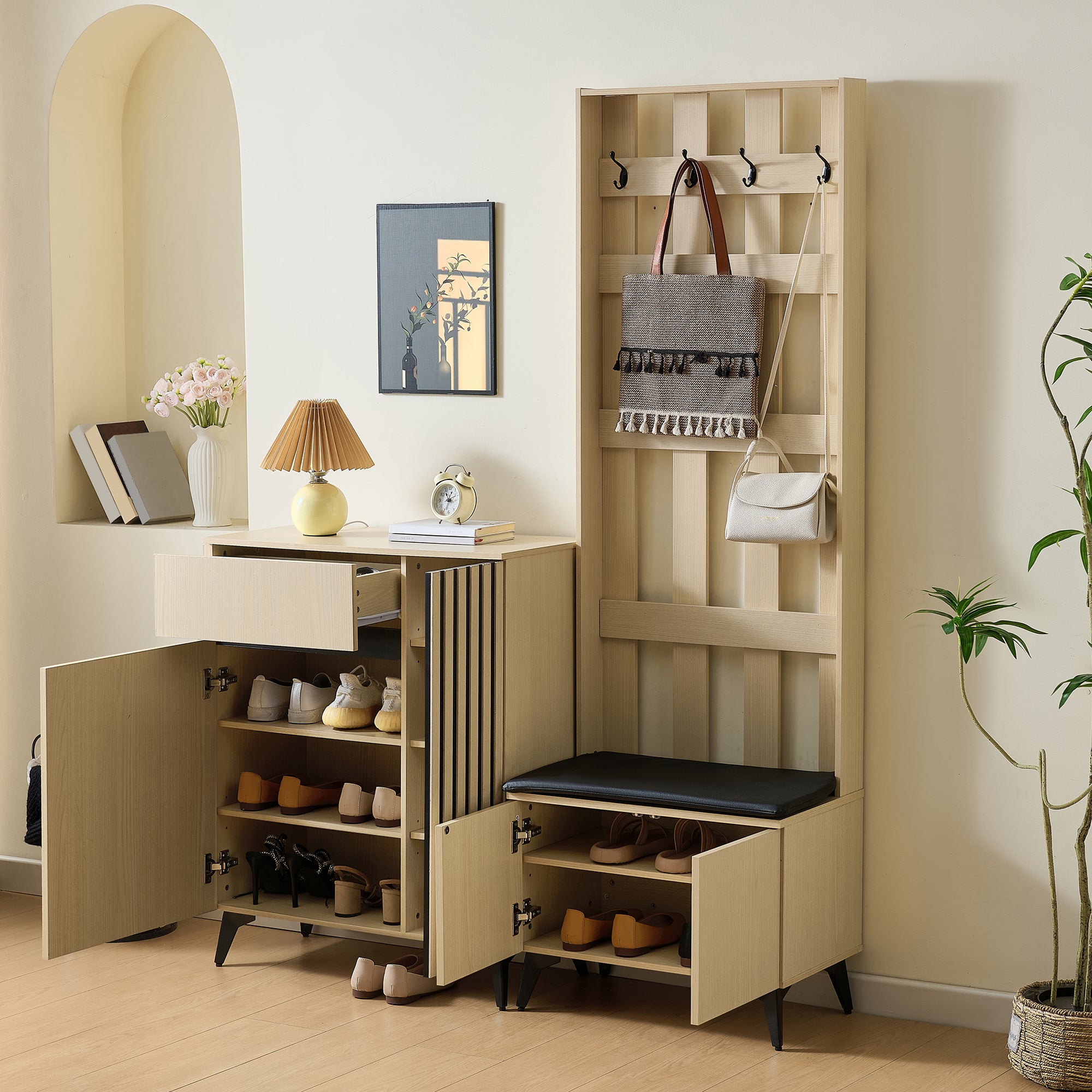 Combination Set: Modern Wardrobe, Bench & Shoe Cabinet Storage Solution