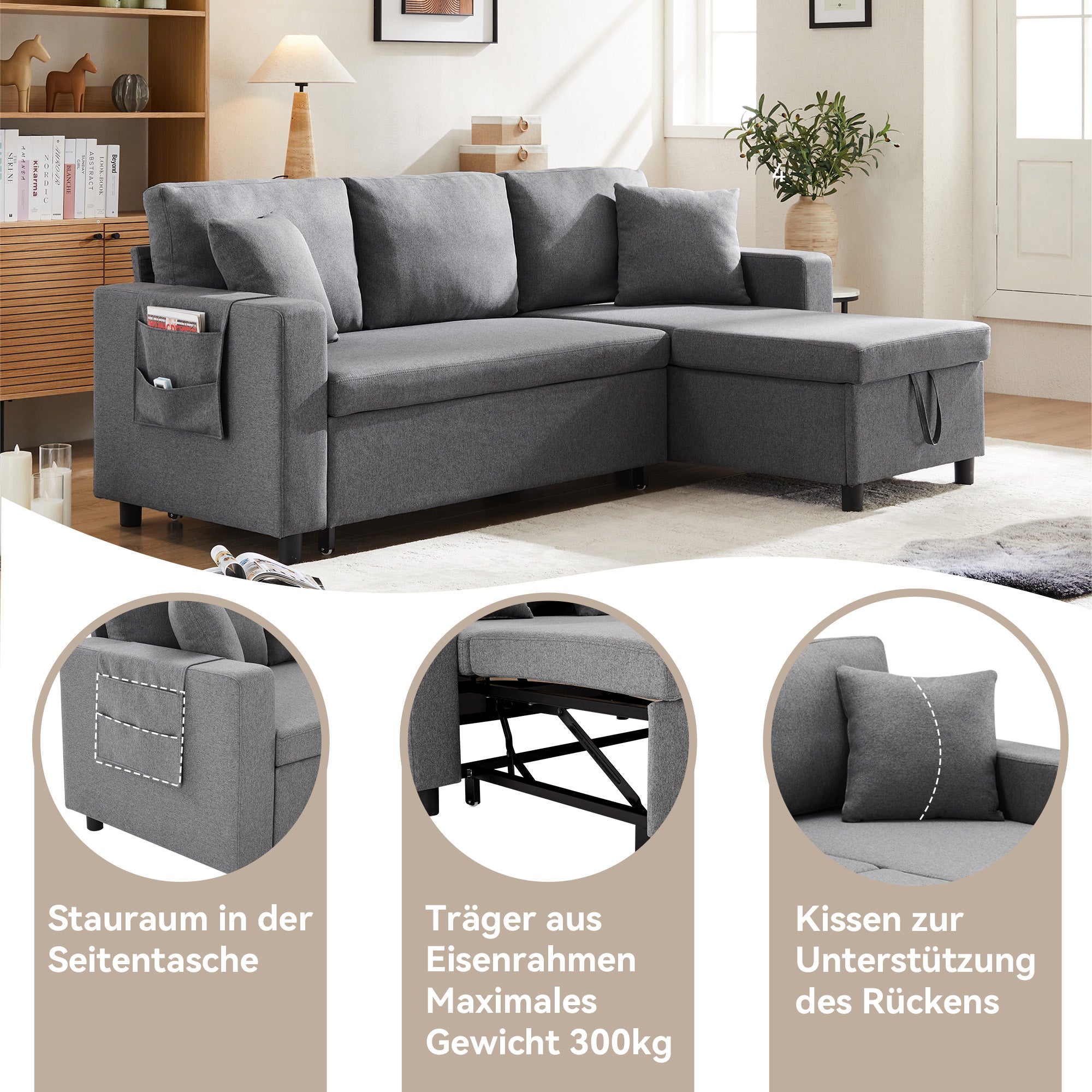 Sleeper Sofa L-Shaped Chaise Longue Storage Pocket Reversible