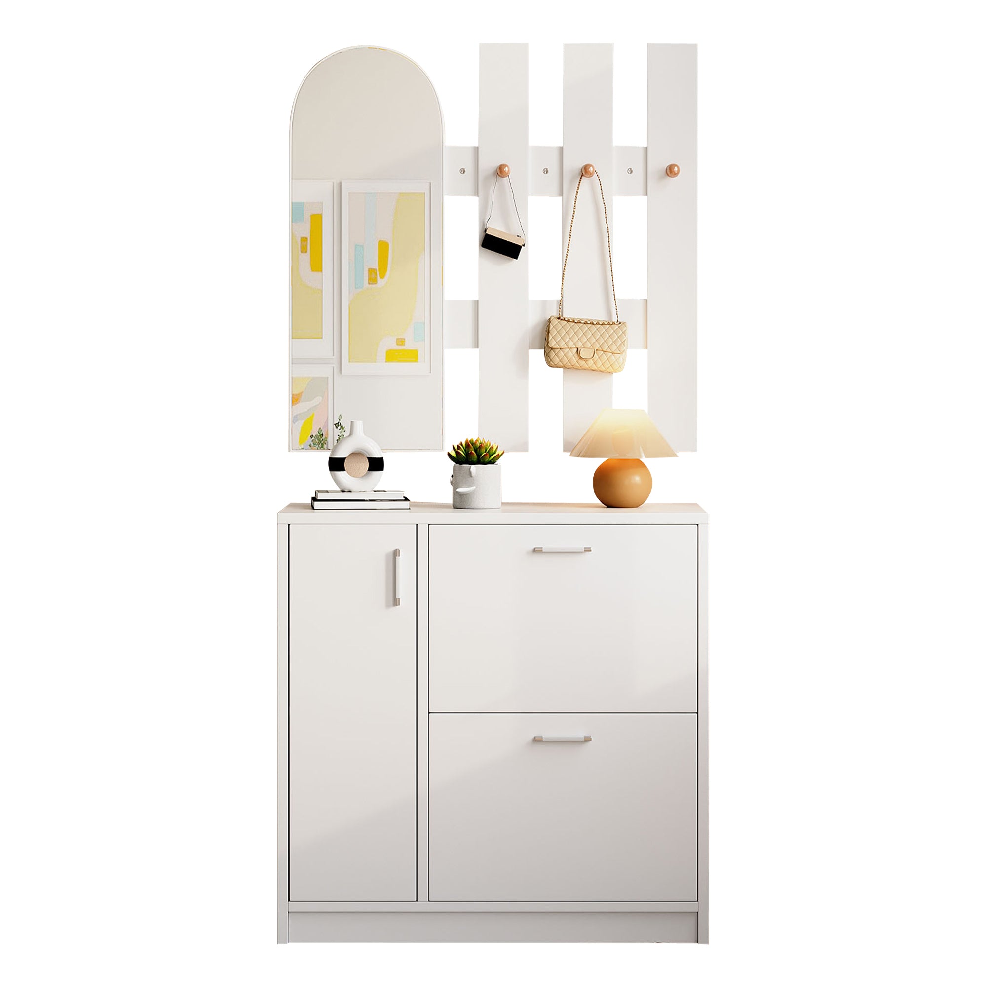 Shoe Cabinet, Folding Doors with Mirror & Hooks, White