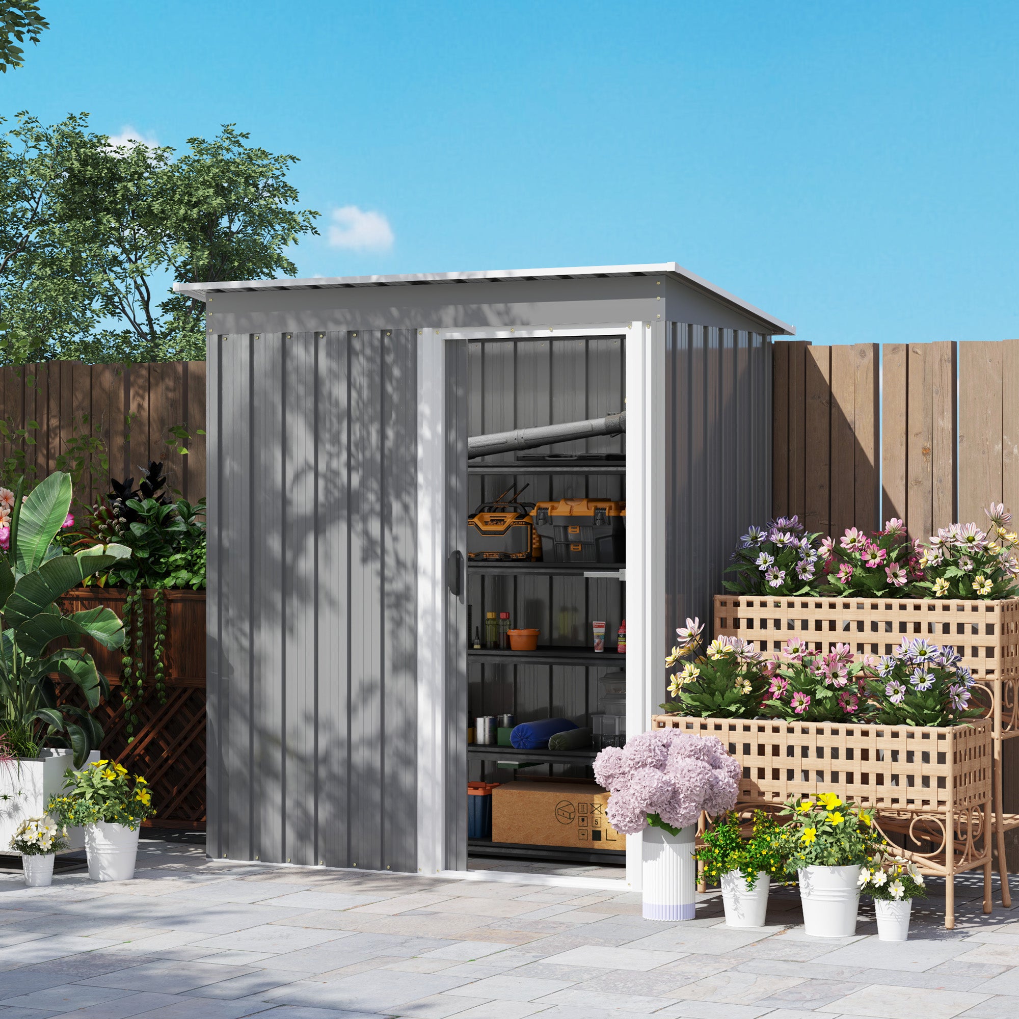 Garden Storage Shed 5 x 3ft, Sliding Door Sloped Roof, Light Grey